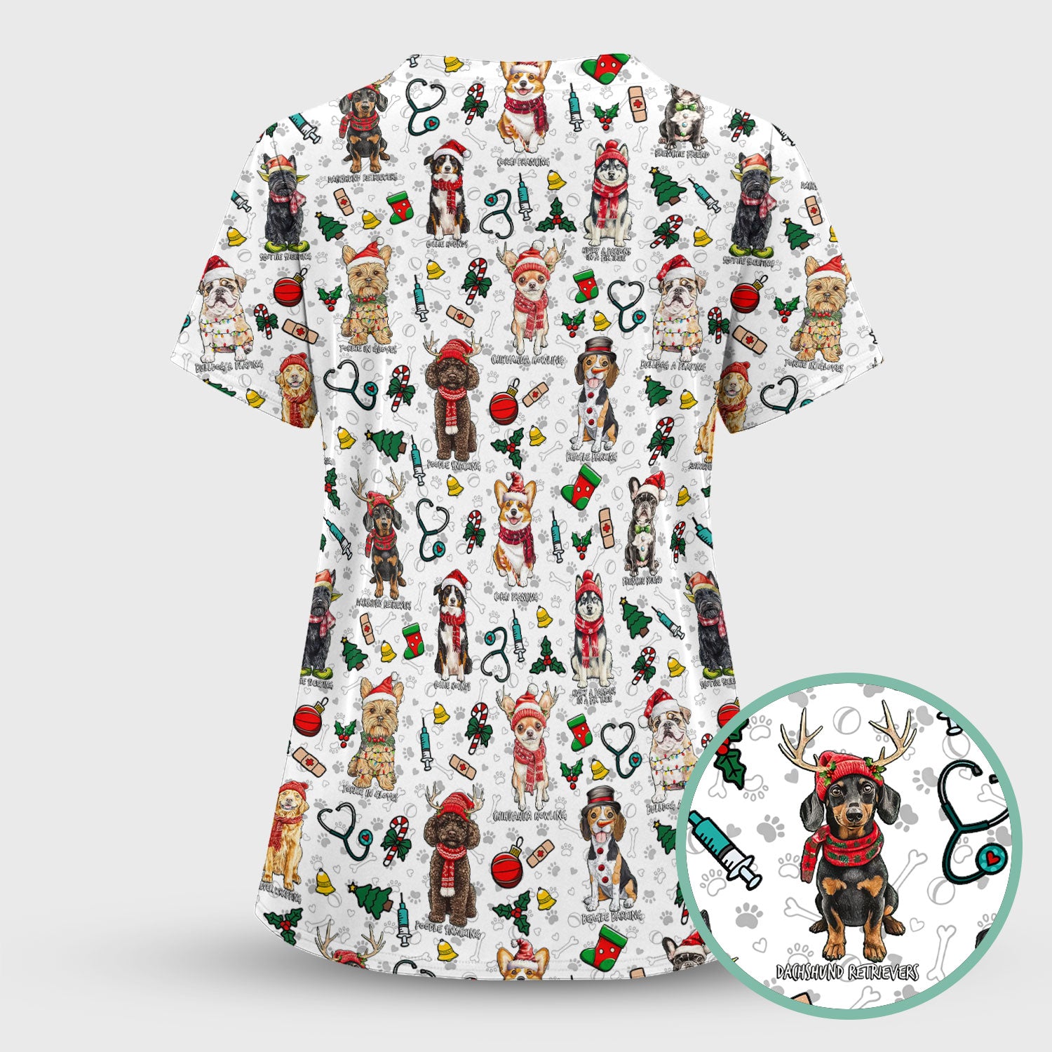 Cute Christmas Dog Scrubs for Nurses - Corgi, Dachshund, Husky, Poodle & Labrador - Funny Holiday Medical Scrub Top for Women
