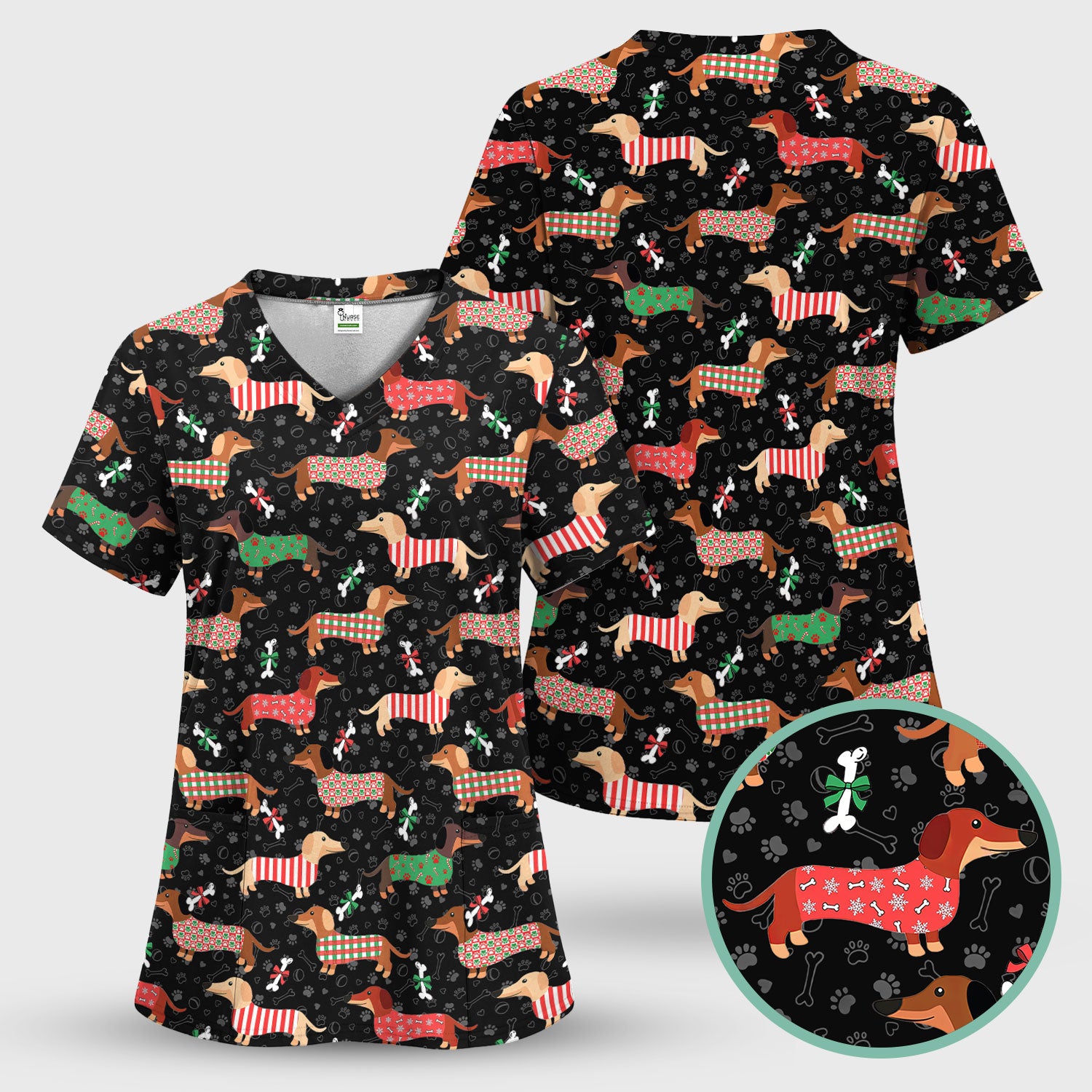 Christmas Dachshund Scrub Top for Women - Cute Sausage Dog Paw Print Nursing Uniform Holiday Shirt - Funny Xmas Medical Gift