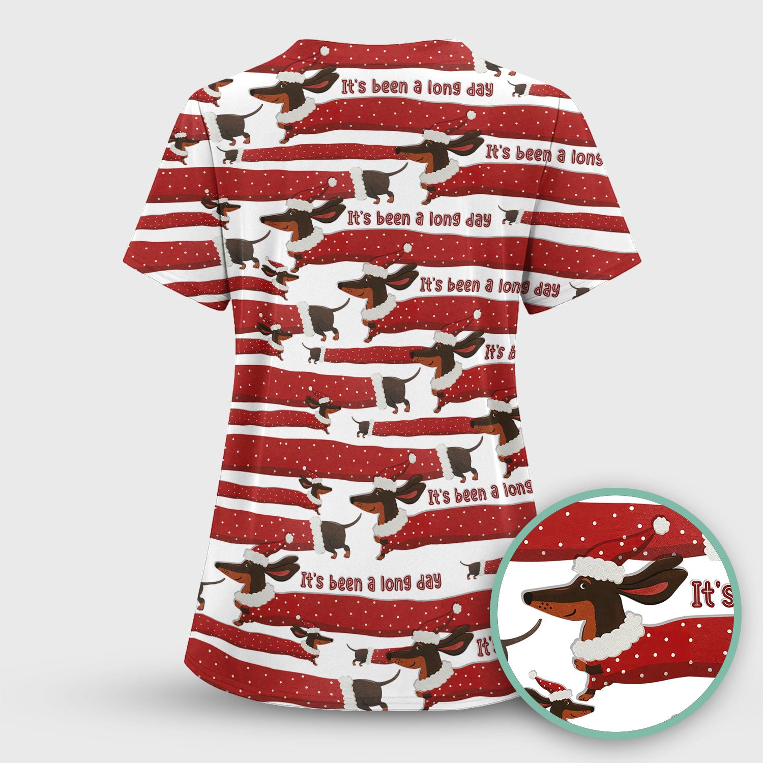 Funny Dachshund Christmas Scrub Top - It's Been a Long Day Shirt - Cute Wiener Dog Holiday Medical Uniform for Women
