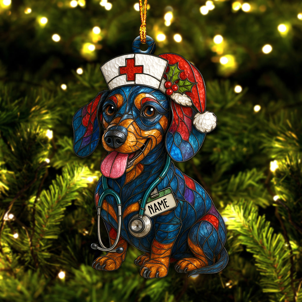 Personalized Nurse Dachshund Christmas Ornament – Custom Name Dog Nurse Holiday Decor, Funny Healthcare Gift for Pet Lovers