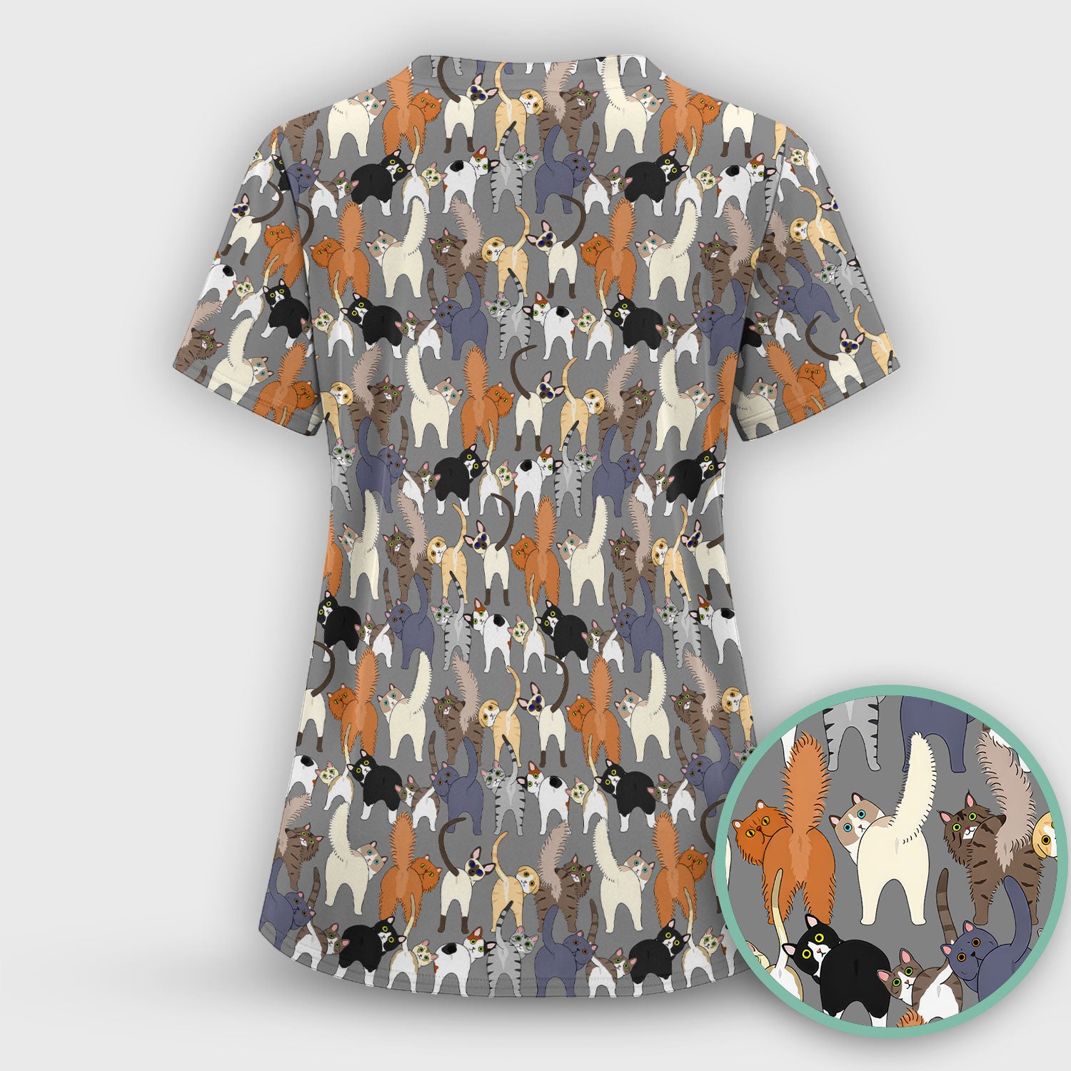 Whimsical Multicolor Cat Cartoon Pattern Scrub Top, Comfortable Scrubs for Nurses