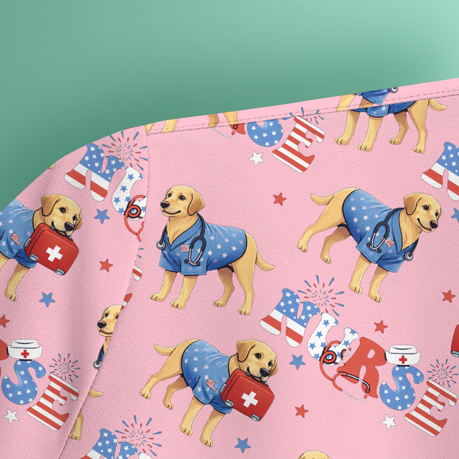 Patriotic Nurse Dog Medical Pattern Scrub Top, Breathable Fabrics Nursing Uniform