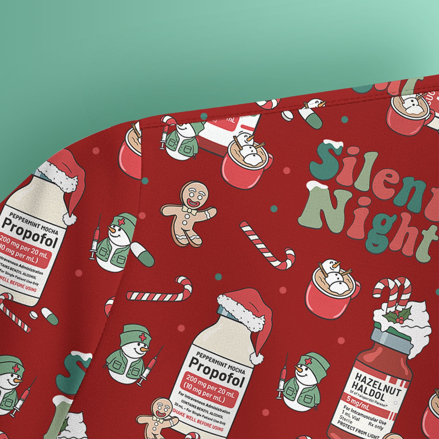 Funny Medicine Scrub Top for Nurses - Silent Night Propofol Print Christmas Scrub Tops with Candy Cane & Gingerbread - Holiday Medical Shirt Gift for RN CNA LPN
