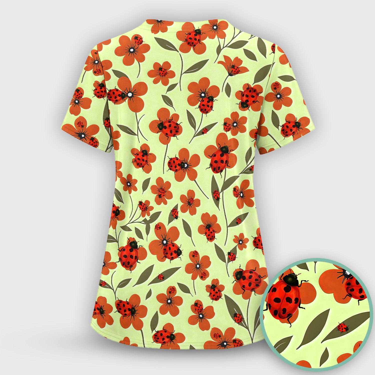 Ladybug on Orange Floral Garden Pattern Scrub Top, Comfortable Scrubs for Nurses