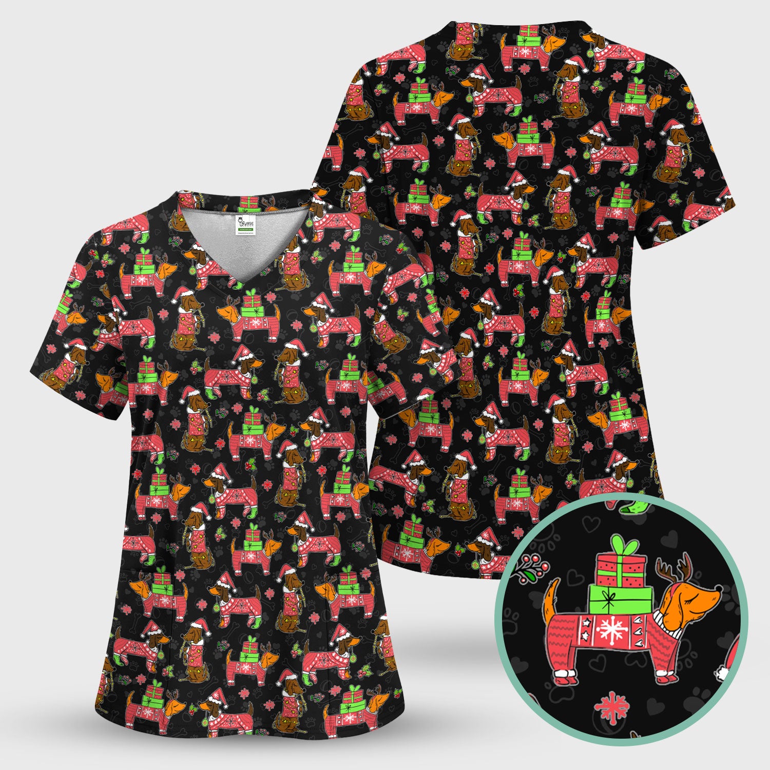 Christmas Wiener Dog Nurse Scrub Shirt - Cute Dachshund in Santa Hat - Funny Holiday Medical Uniform RN LPN CNA Gift for Women