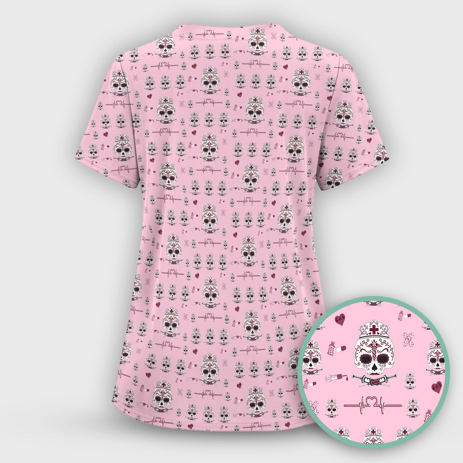 Sugar Skull Scrub Top, Skull Pattern Scrub Shirt, Breathable Fabrics Nursing Uniform