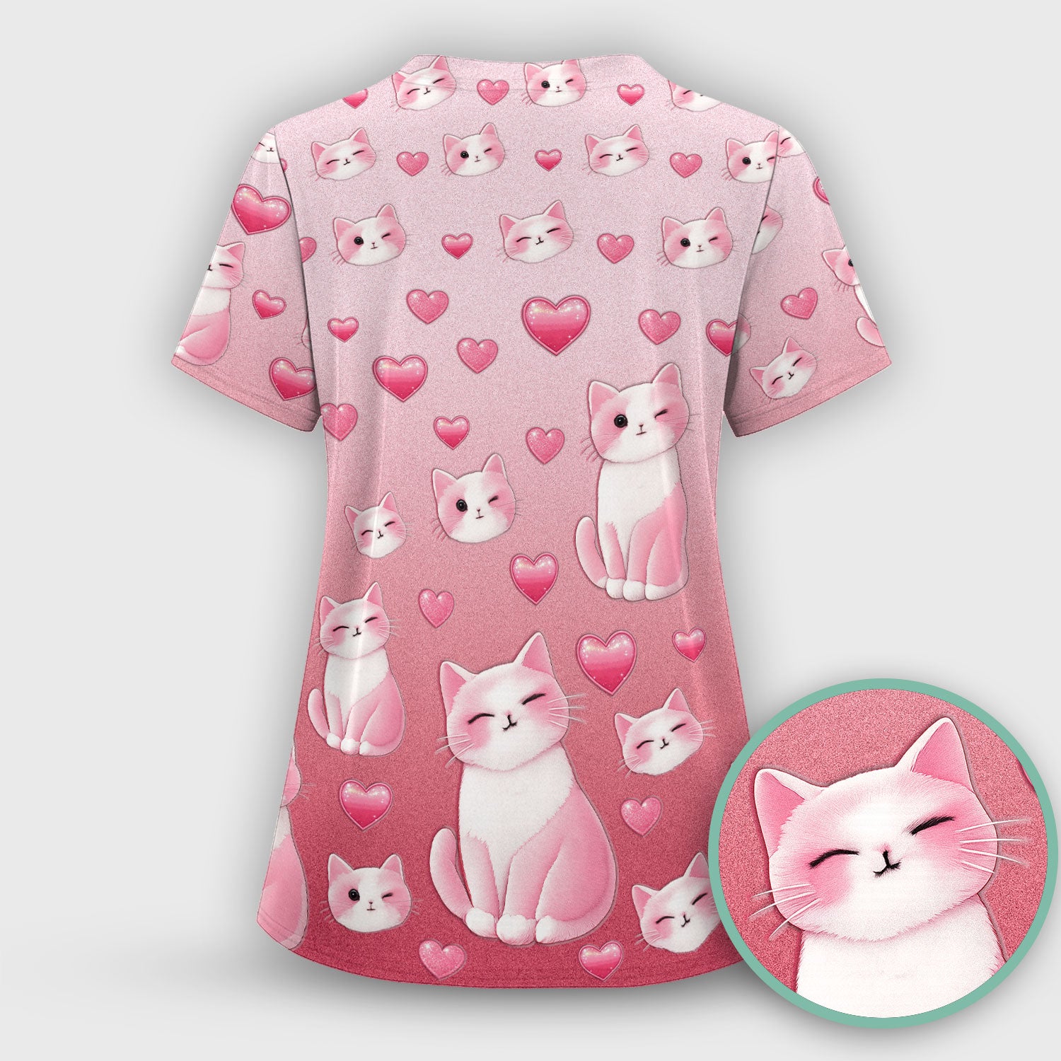 Valentine Cat Scrub Top, Cute Heart Pattern Nurse Shirt, Comfortable Scrubs For Nursing