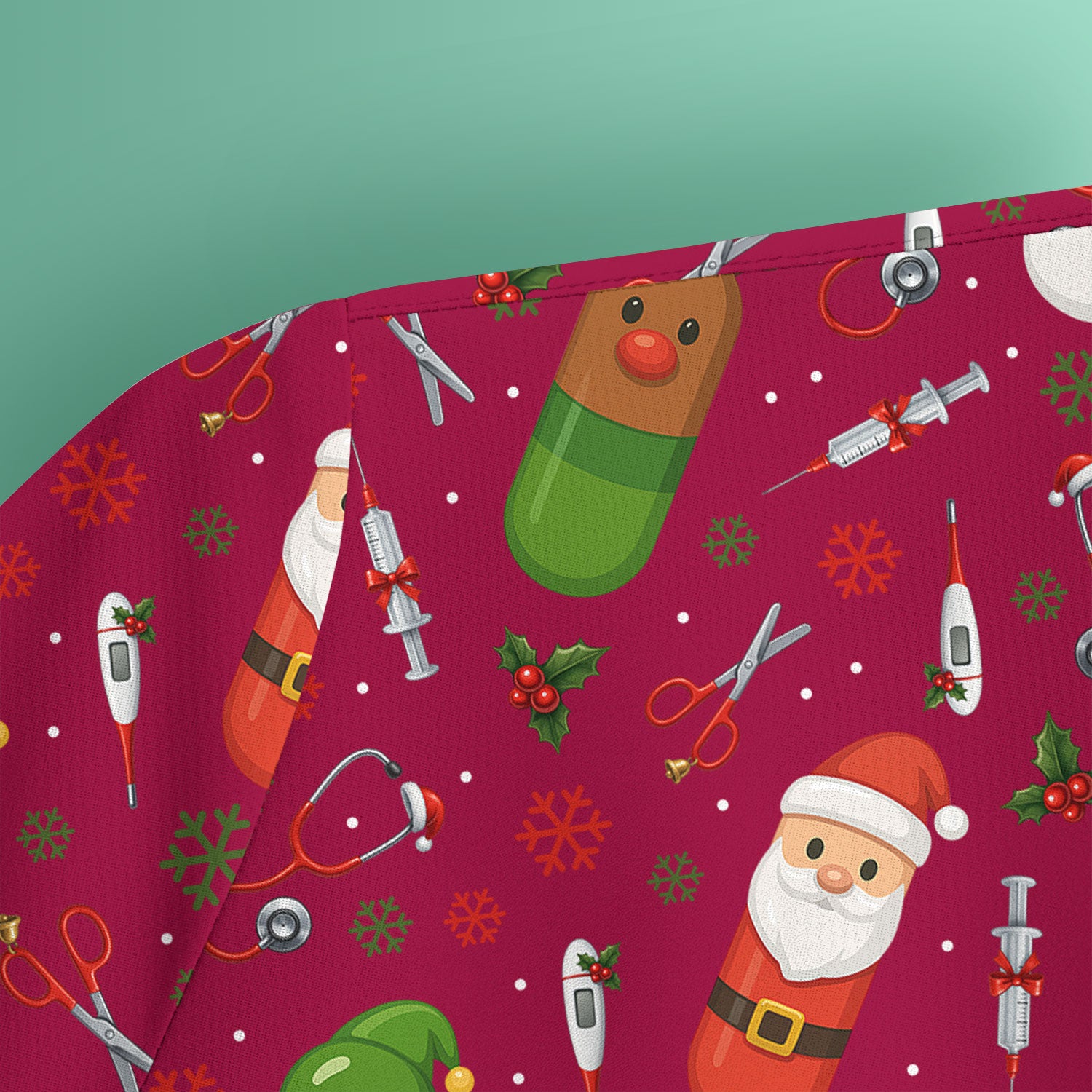 Santa Christmas Scrubs Set - Fun Holiday Pattern with Reindeer and Snowman - Cute Medical Scrub Top and Pants for Nurses
