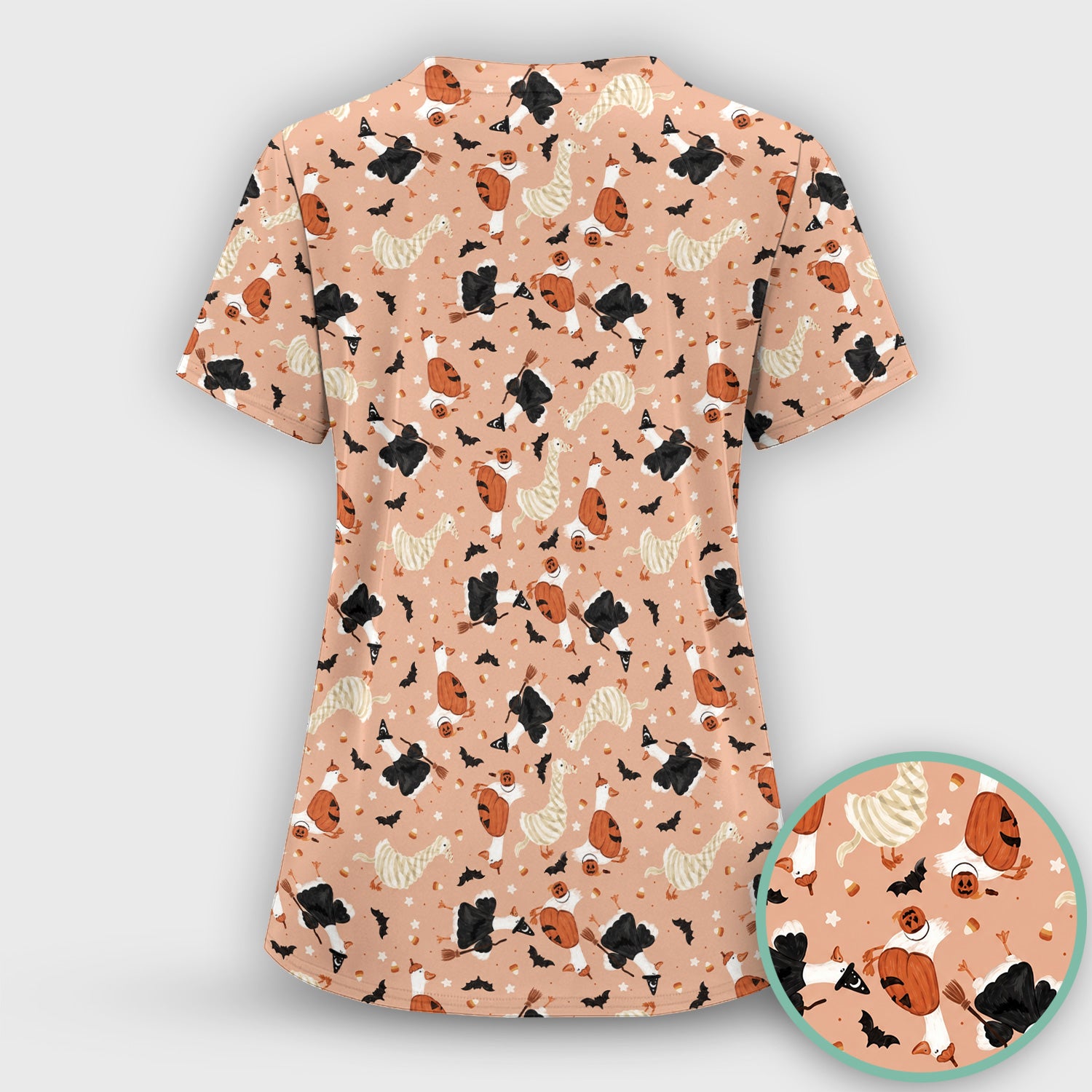 Halloween Goose with Pumpkin Bat Pattern Scrub Top, Comfortable Scrubs for Nurses