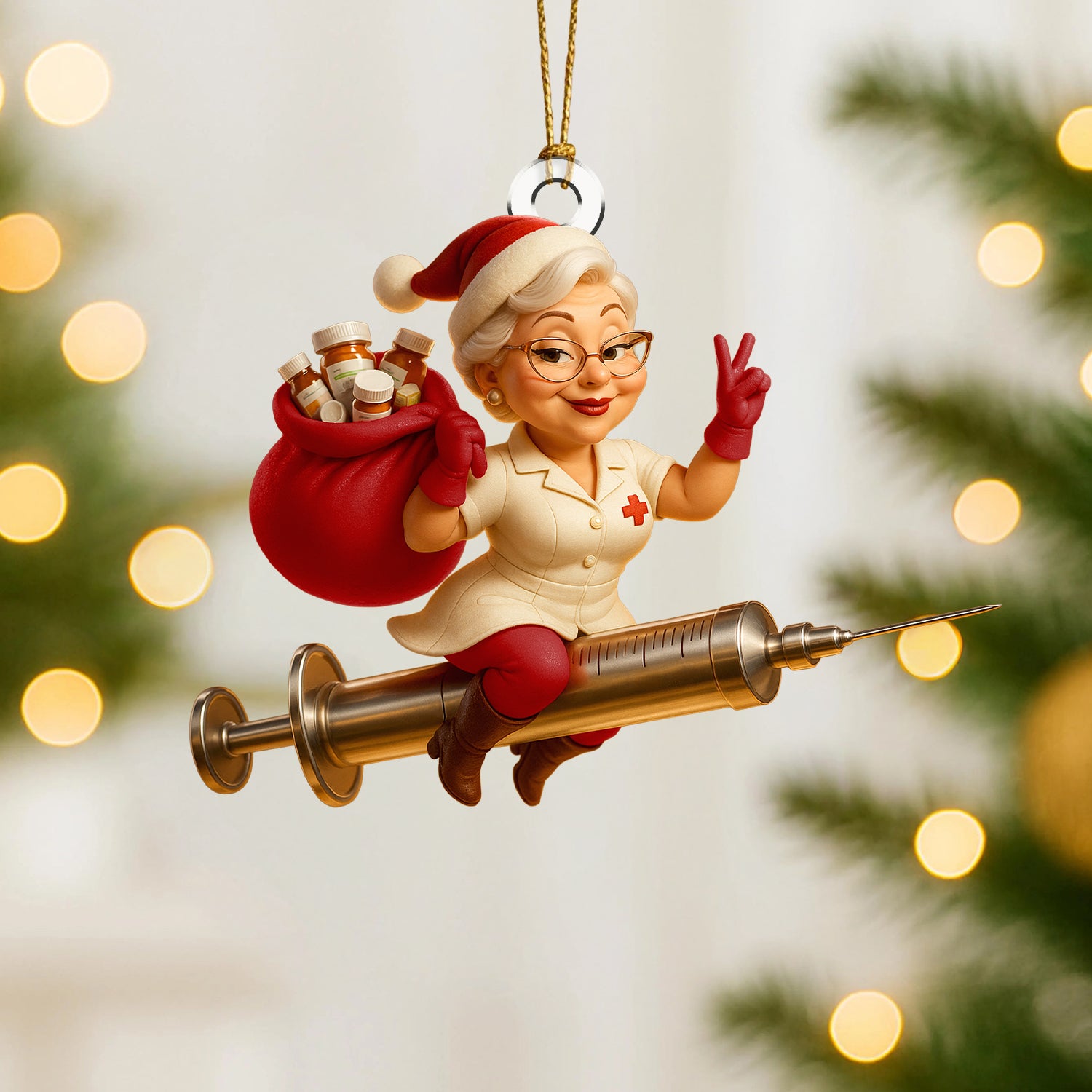 Funny Nurse Christmas Ornament, Custom Healthcare Worker Ornament, Santa Nurse Riding Syringe, Unique RN Xmas Gift