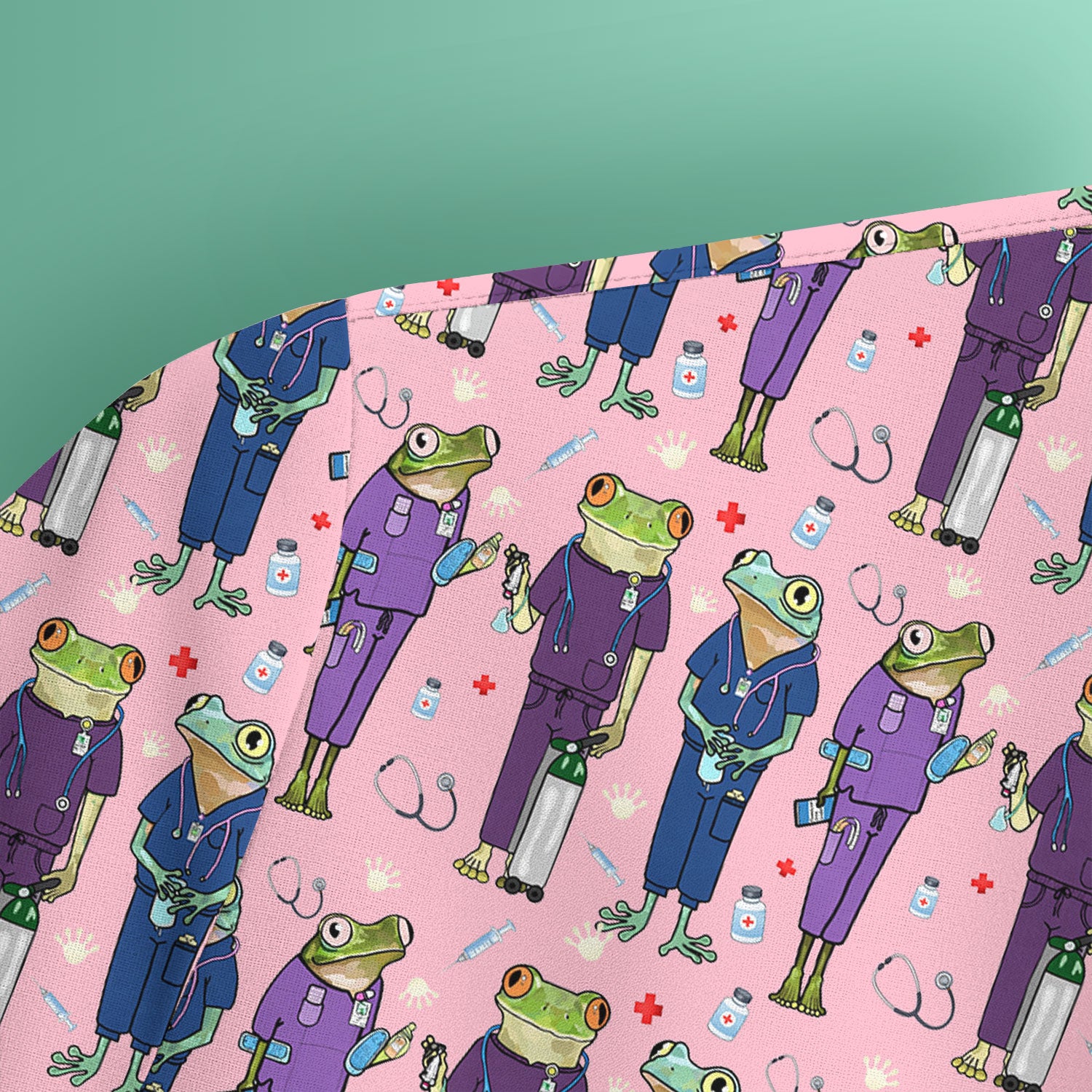 Funny Frog Nurse Pattern Scrub Top, Breathable Healthcare Uniform Top