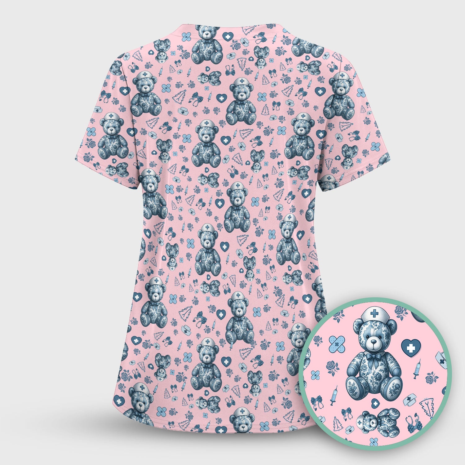 Toile Teddy Bear Nurse Scrub Top - Elegant Blue Toile de Jouy Pattern Medical Shirt for Women - Cute Vintage Nursing Uniform Gift