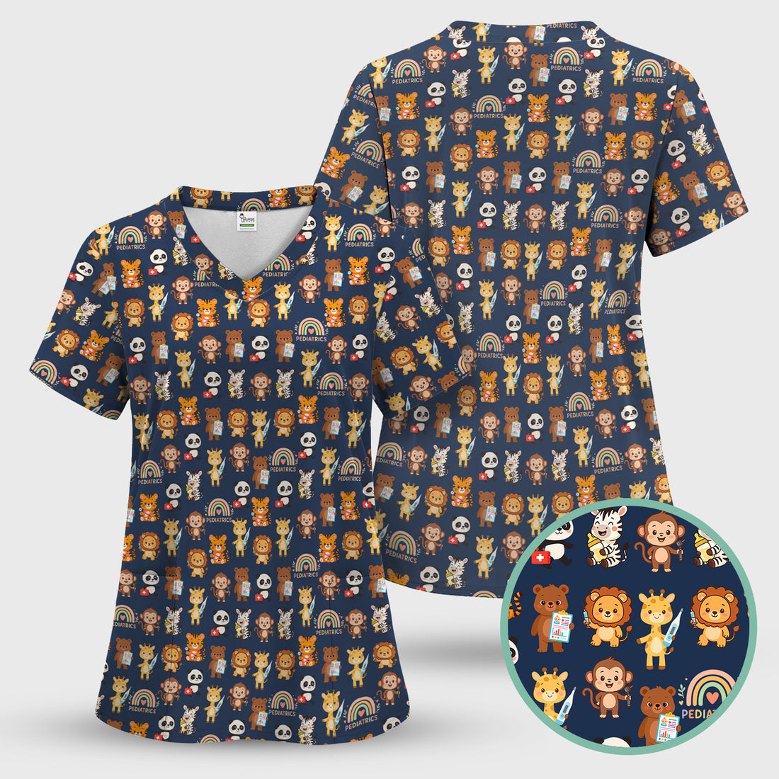 Funny Animal Nurse Scrub - Cute Zoo & Safari Animals Pattern Design - Gift for PEDS RN LPN