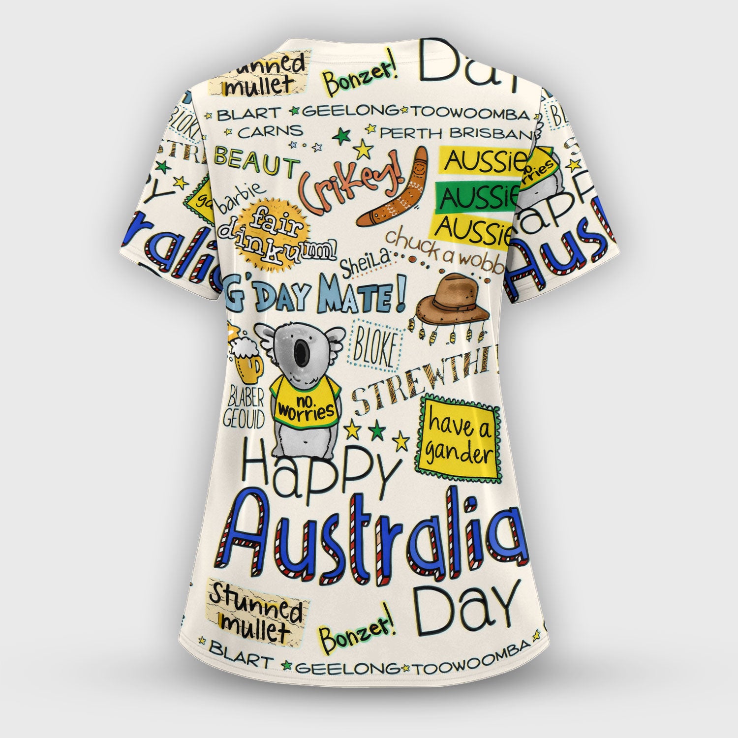 Cute Cartoon Koala Australia Pattern Scrub Top, Breathable Fabrics Nursing Uniform