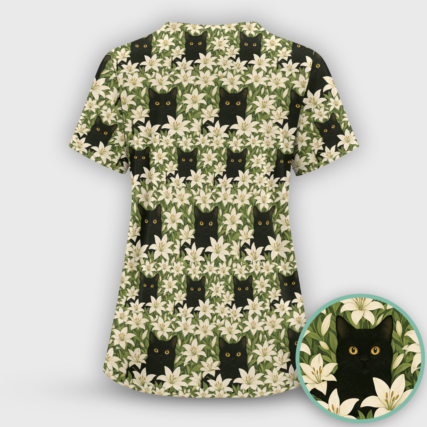 Black Cat Hidden In Lily Garden Pattern Scrub Top, Comfortable Scrubs for Nurses