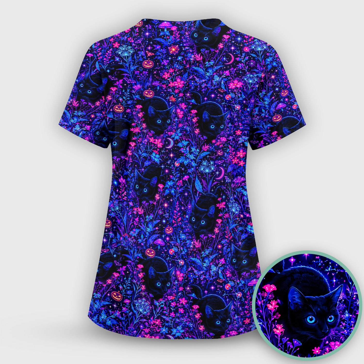 Spooky Black Cat Garden Pattern Scrub Set, Scrub Pants and V Neck Top