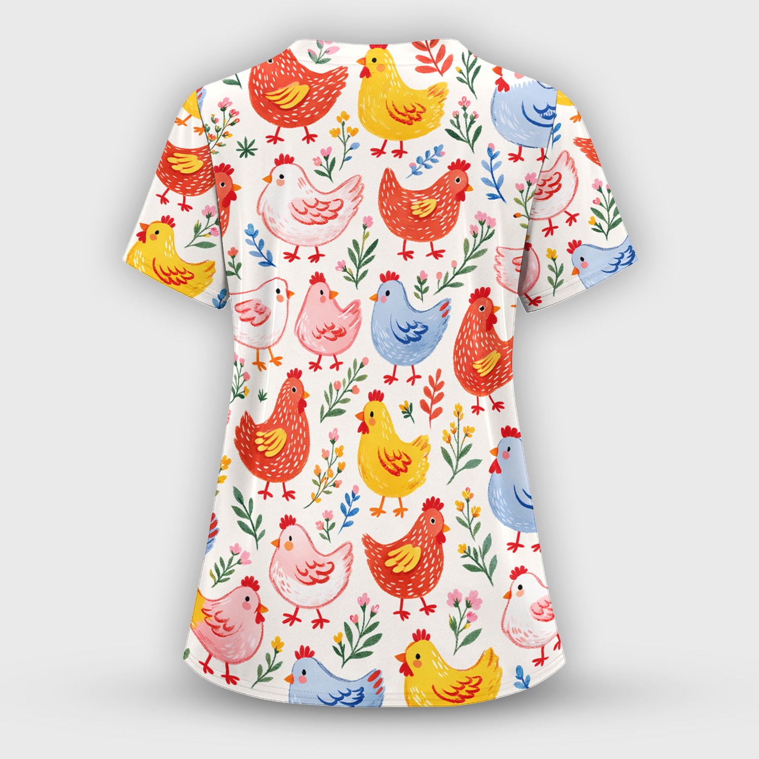 Fun Cartoon Hen Print Scrub Set, Scrub Pants and V Neck Top