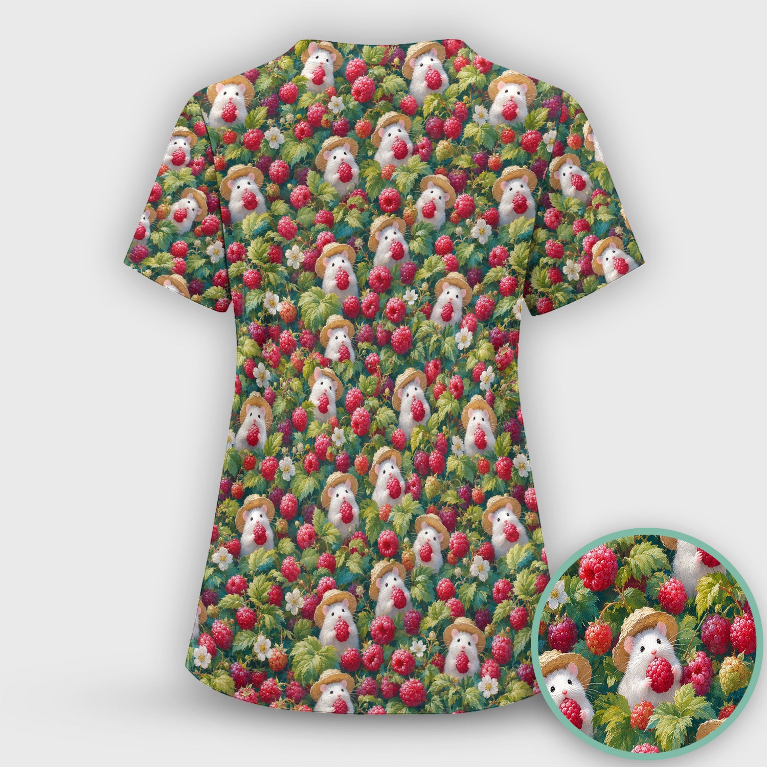 Cute Raspberry Mouse Garden Pattern Scrub Top, Comfortable Scrubs for Nurses