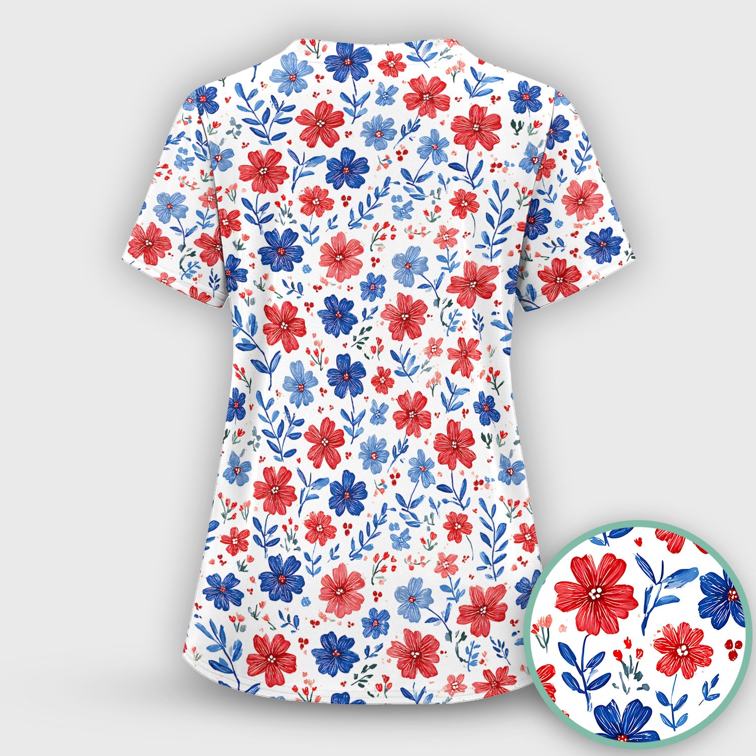 Patriotic Red White Blue Floral Print Scrub Top, Comfortable Scrubs for Nurses