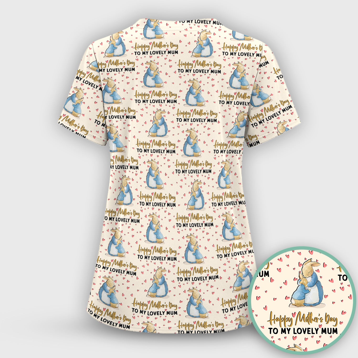 Happy Mothers Day Bunny Love Pattern Scrub Sets, Scrub Pants and V Neck Top