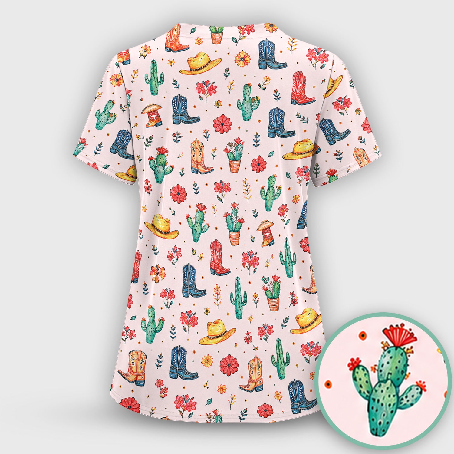 Whimsical Western Cactus Boots Pattern Scrub Top, Breathable Fabrics Nursing Uniform
