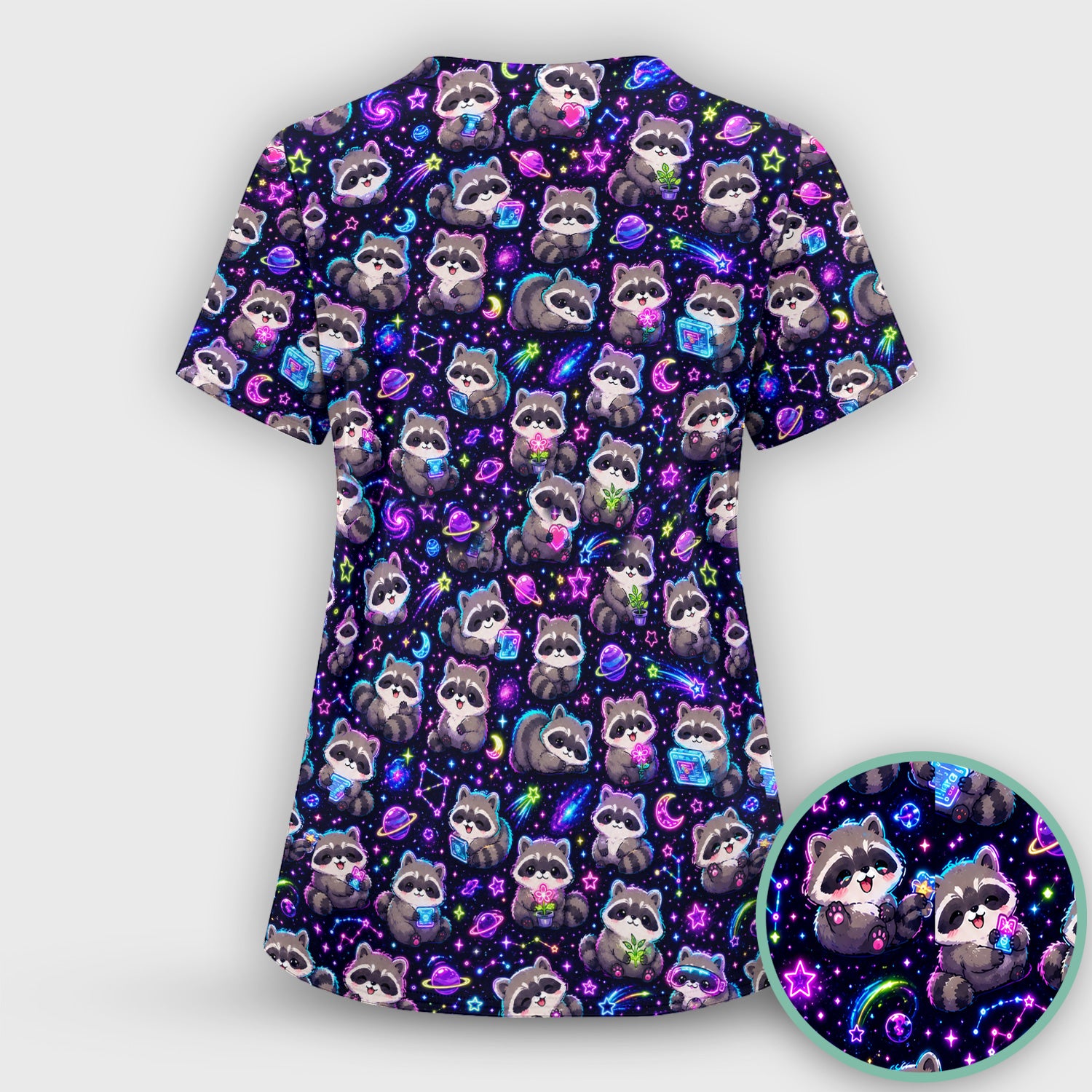 Neon Galaxy Raccoon Space Pattern Scrub Top, Comfortable Scrubs for Nurses