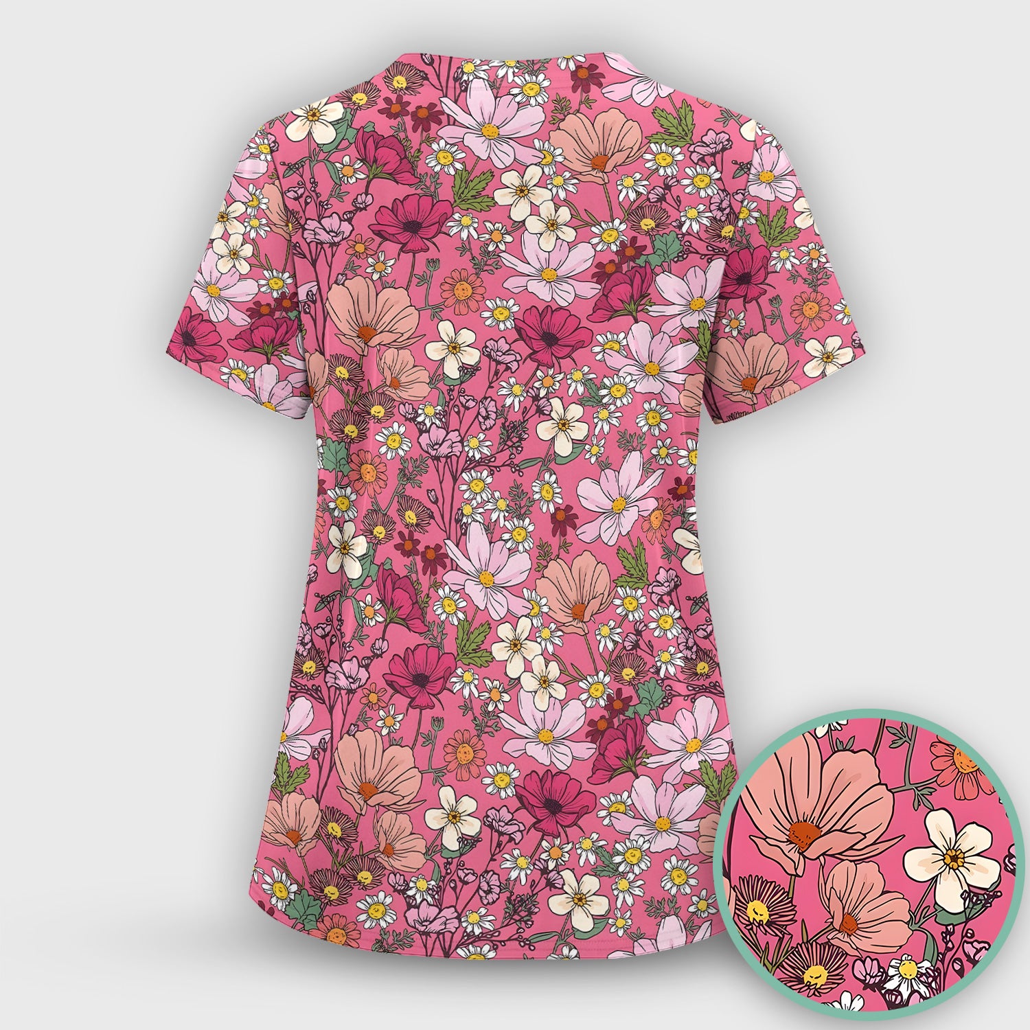 Pink Daisy Wildflower Nurse Pattern Scrub Set, Scrub Pants and V Neck Top