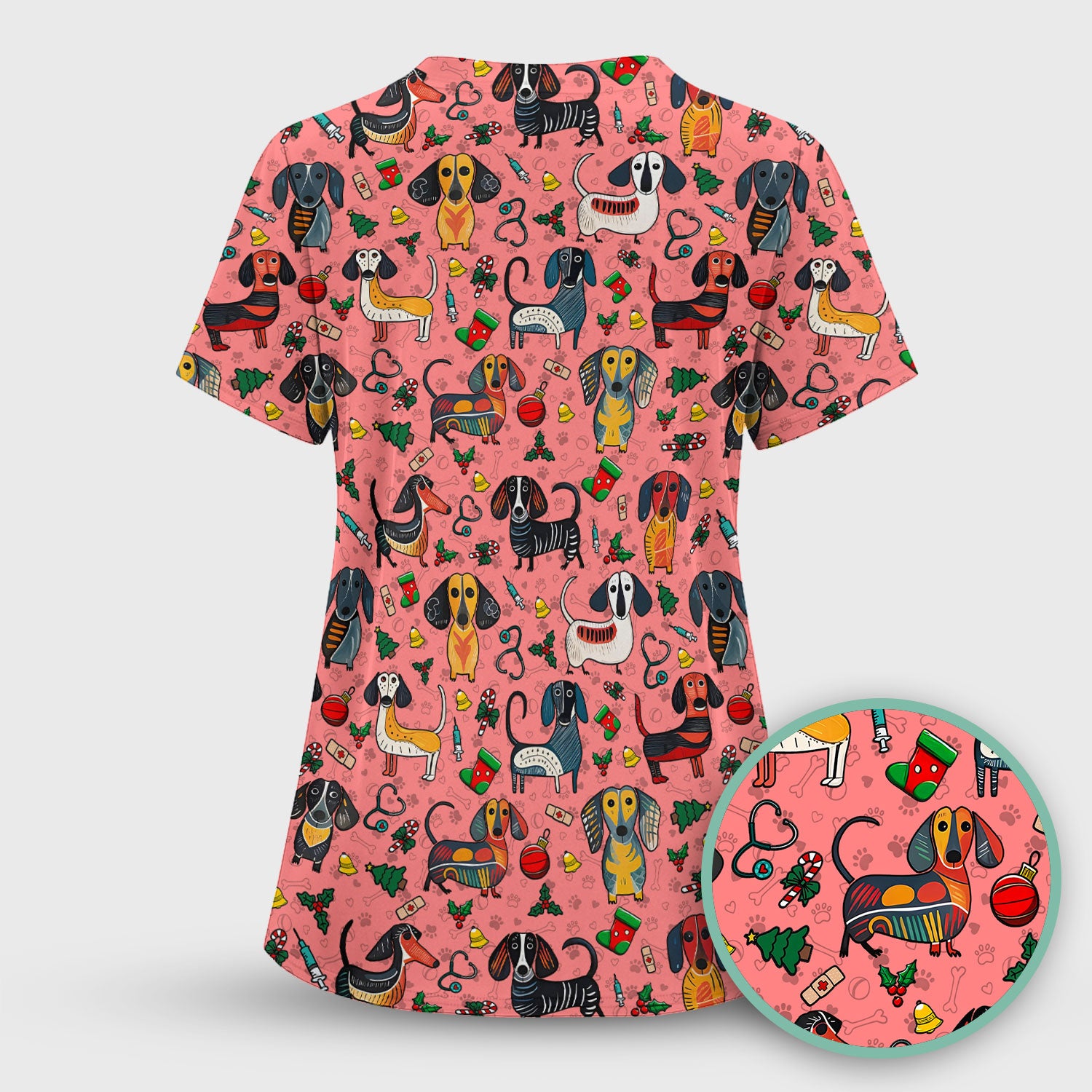 Dachshund Christmas Scrub Top - Cute Wiener Dog Nurse Uniform for Women - Holiday Medical Shirt