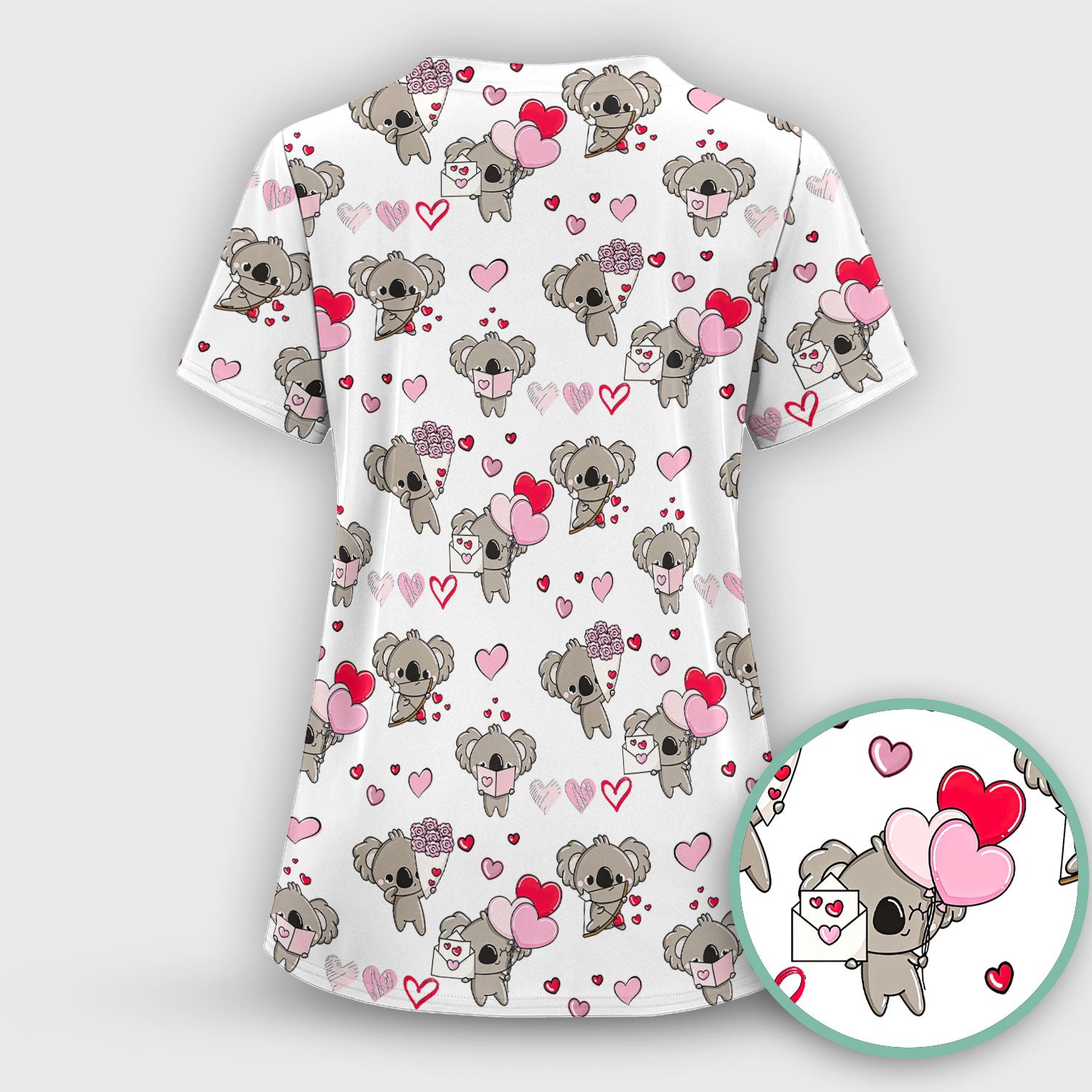 Valentine Koala Holding Flowers Cute Print Scrub, Women's Scrub Sets
