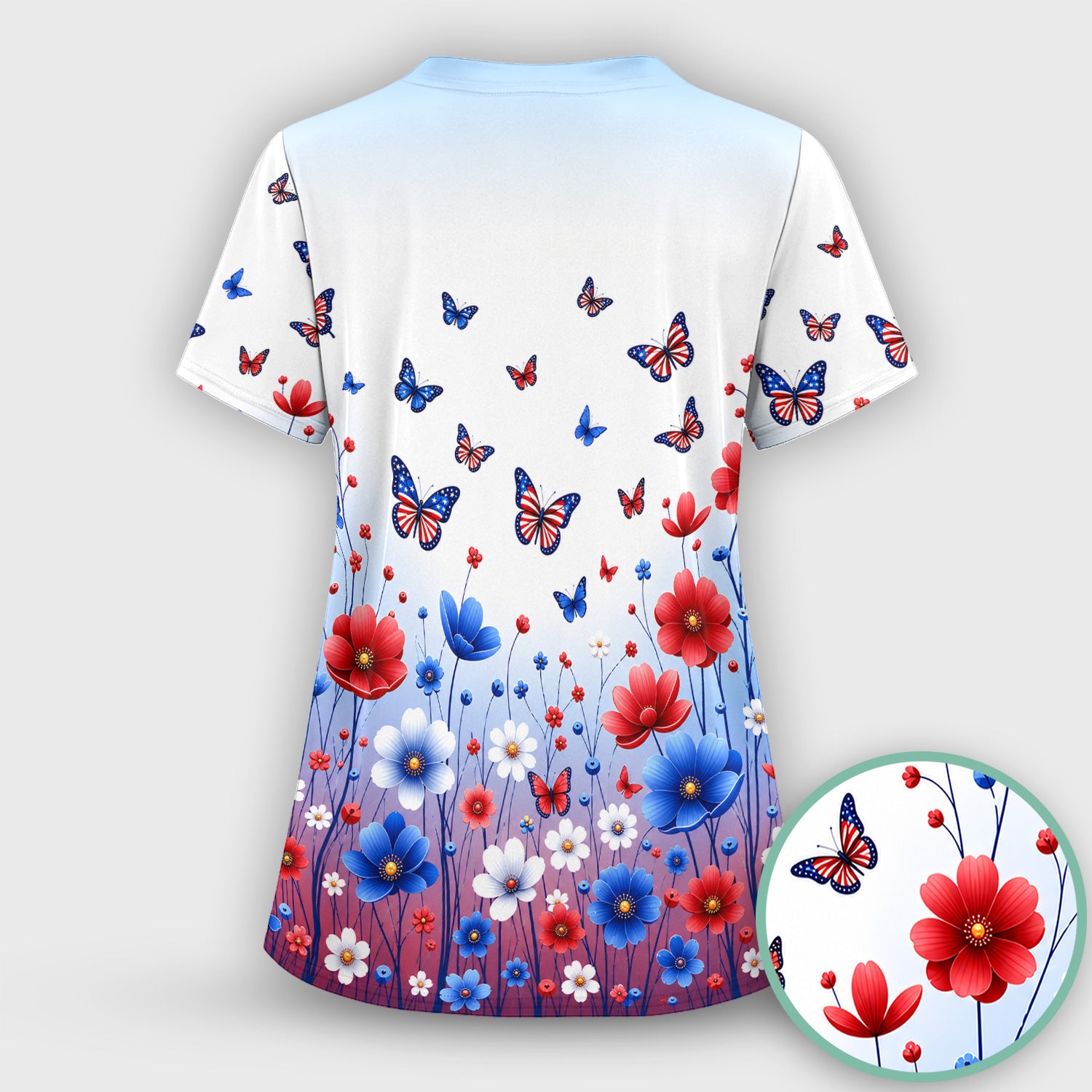 Patriotic Butterfly Wildflower Garden Pattern Scrub Top, Comfortable Scrubs for Nurses