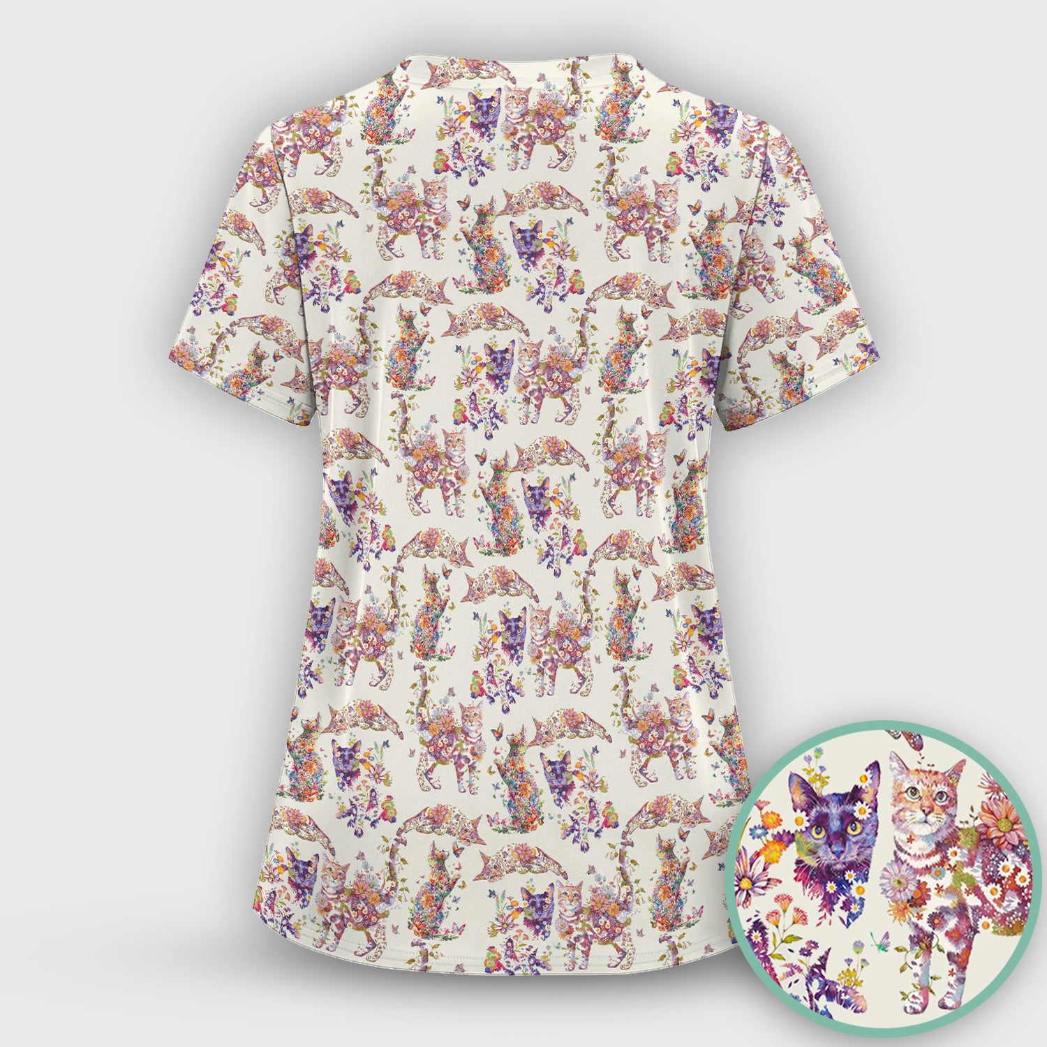 Whimsical Floral Cat Garden Pattern Scrub Top, Comfortable Scrubs for Nurses
