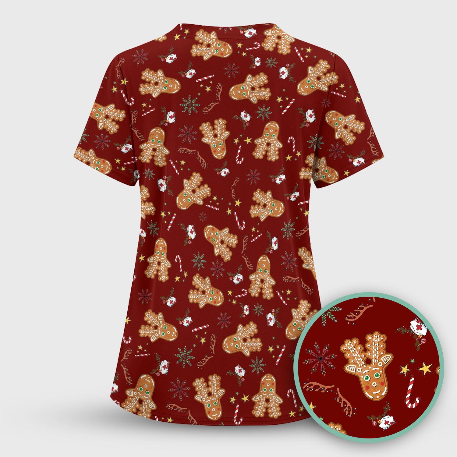 Gingerbread Cookies Reindeer Scrub Top - Funny Christmas Gingerbread Breathable Med Uniform - Comfortable Scrubs for RN CNA LPN