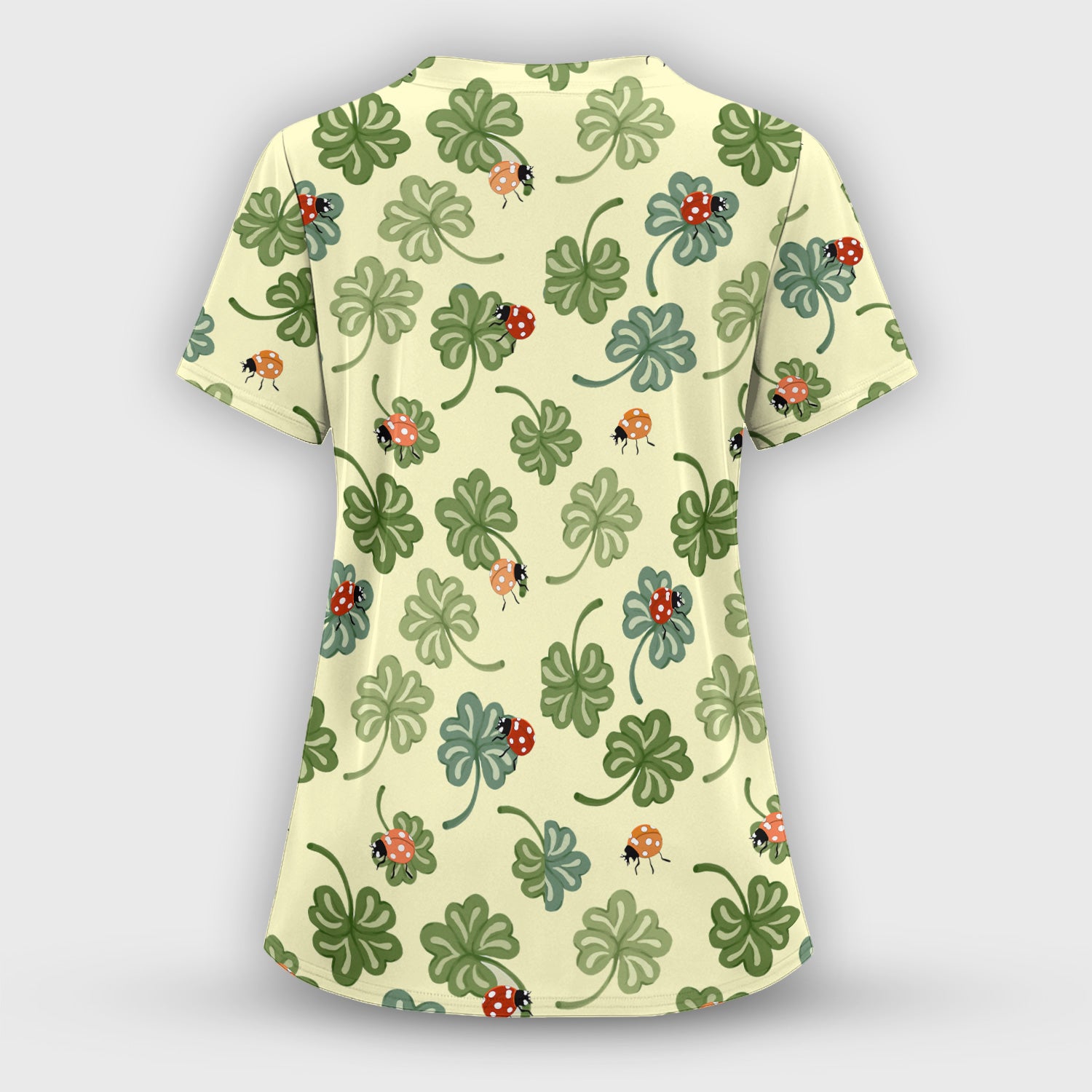 Clover and Ladybug Lucky Garden Pattern Scrubs Top, Comfortable Scrubs for Nurses