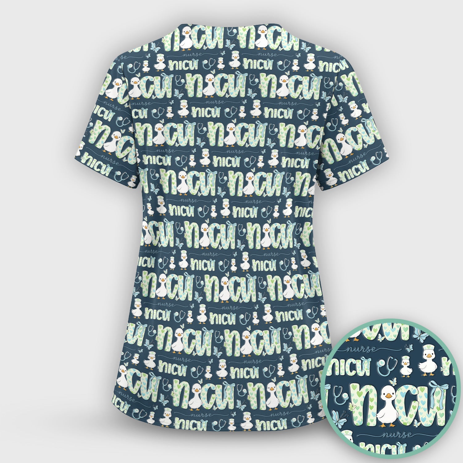 NICU Nurse Duck Pattern Scrub Set, Scrub Pants and V Neck Top