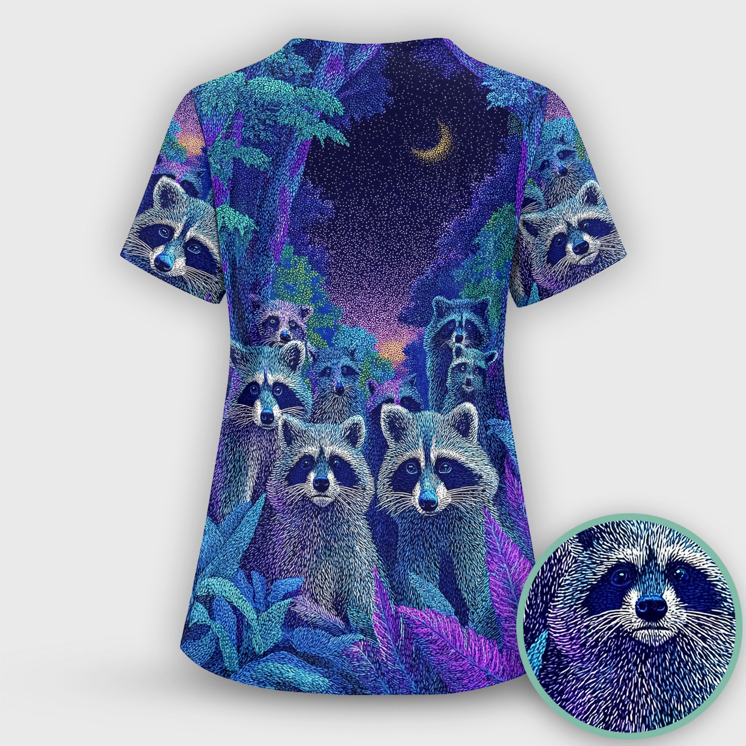 Moonlit Raccoon Pattern Scrub Top, Comfortable Scrubs for Nurses