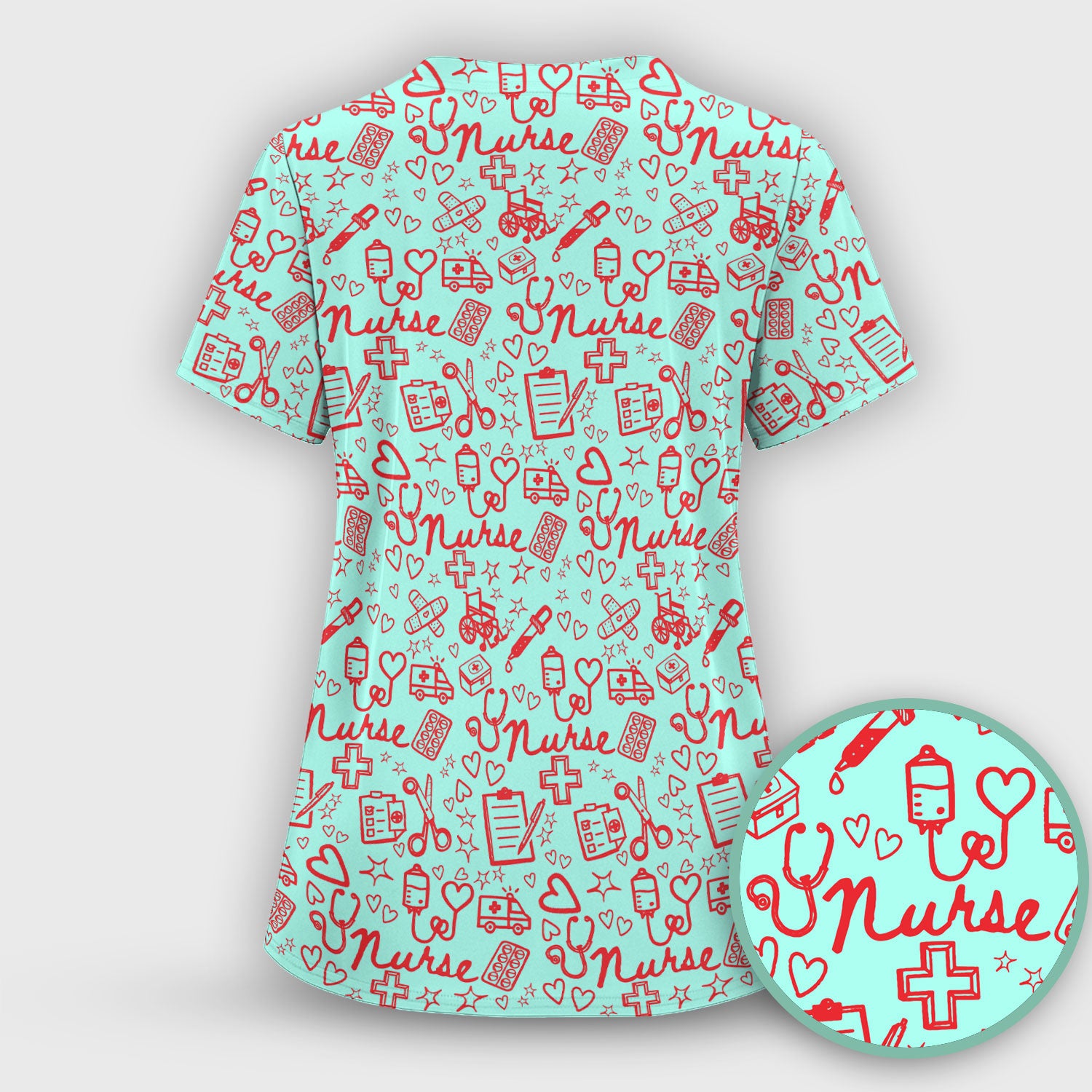 Cute Nurse Heart Medical Pattern Scrub Set, Breathable Med Uniform