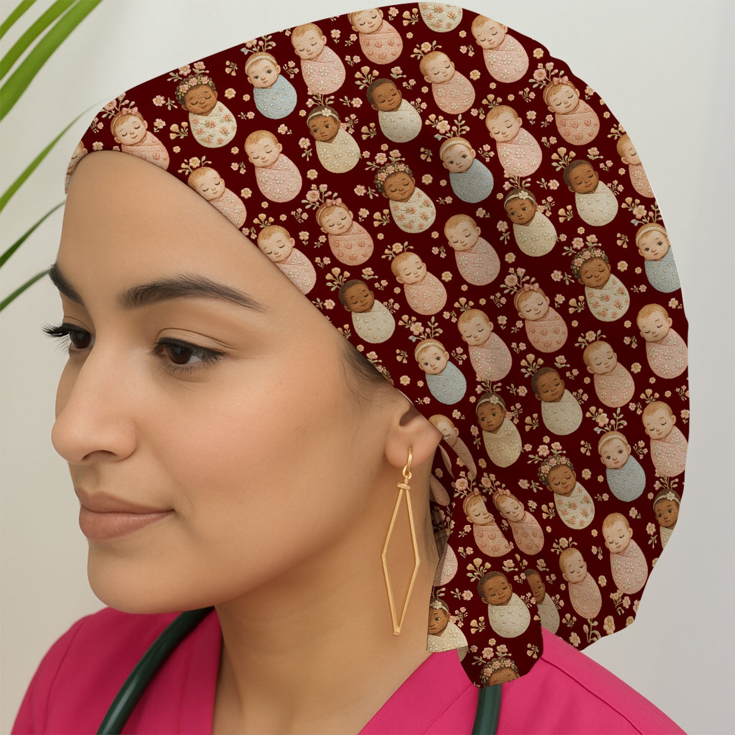 Sweet Newborn Baby Floral Print Scrub Cap, Bouffant Scrub Caps for Women