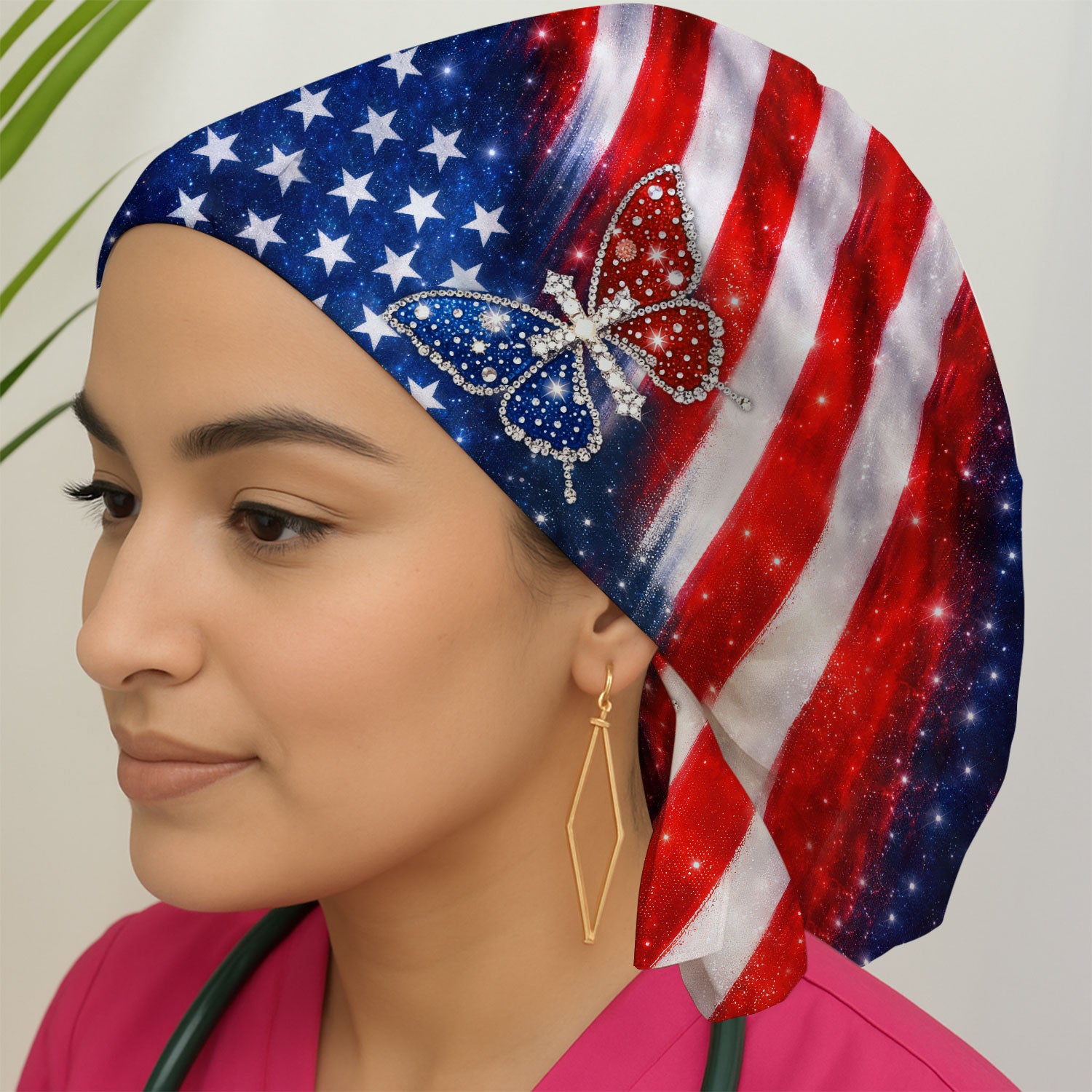 USA Flag Glitter Butterfly Rhinestone Pattern Caps, Breathable Fabrics Caps Uniform