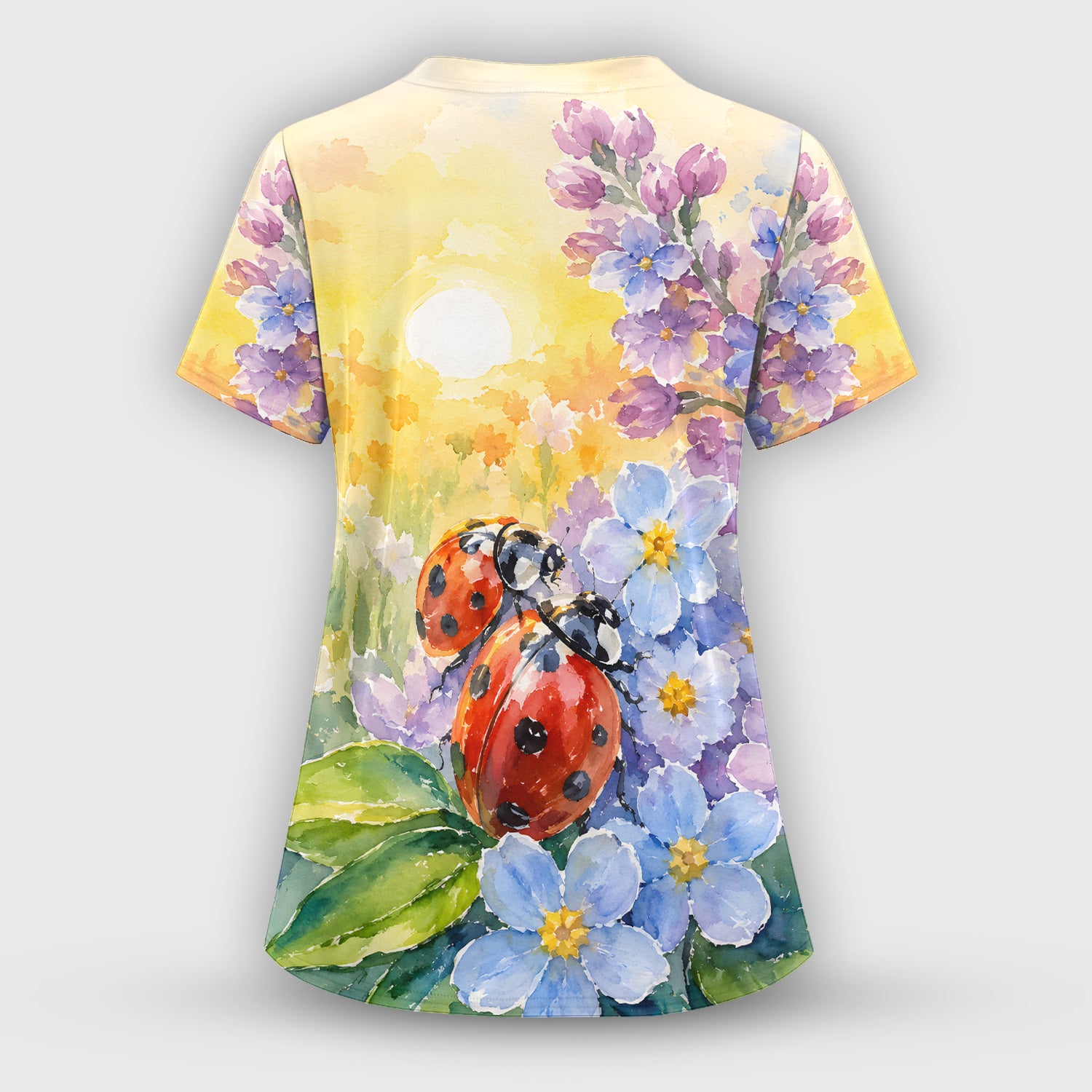Ladybug Spring Flower Garden Print Scrub Top, Comfortable Scrubs for Nurses