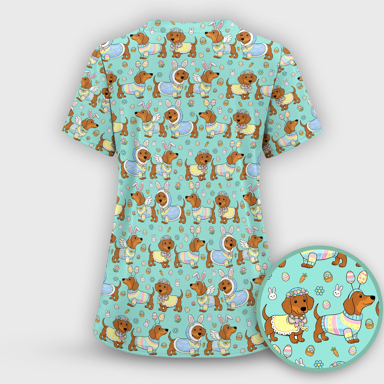 Easter Dachshund Bunny Print Scrub Top, Breathable Fabrics Nursing Uniform