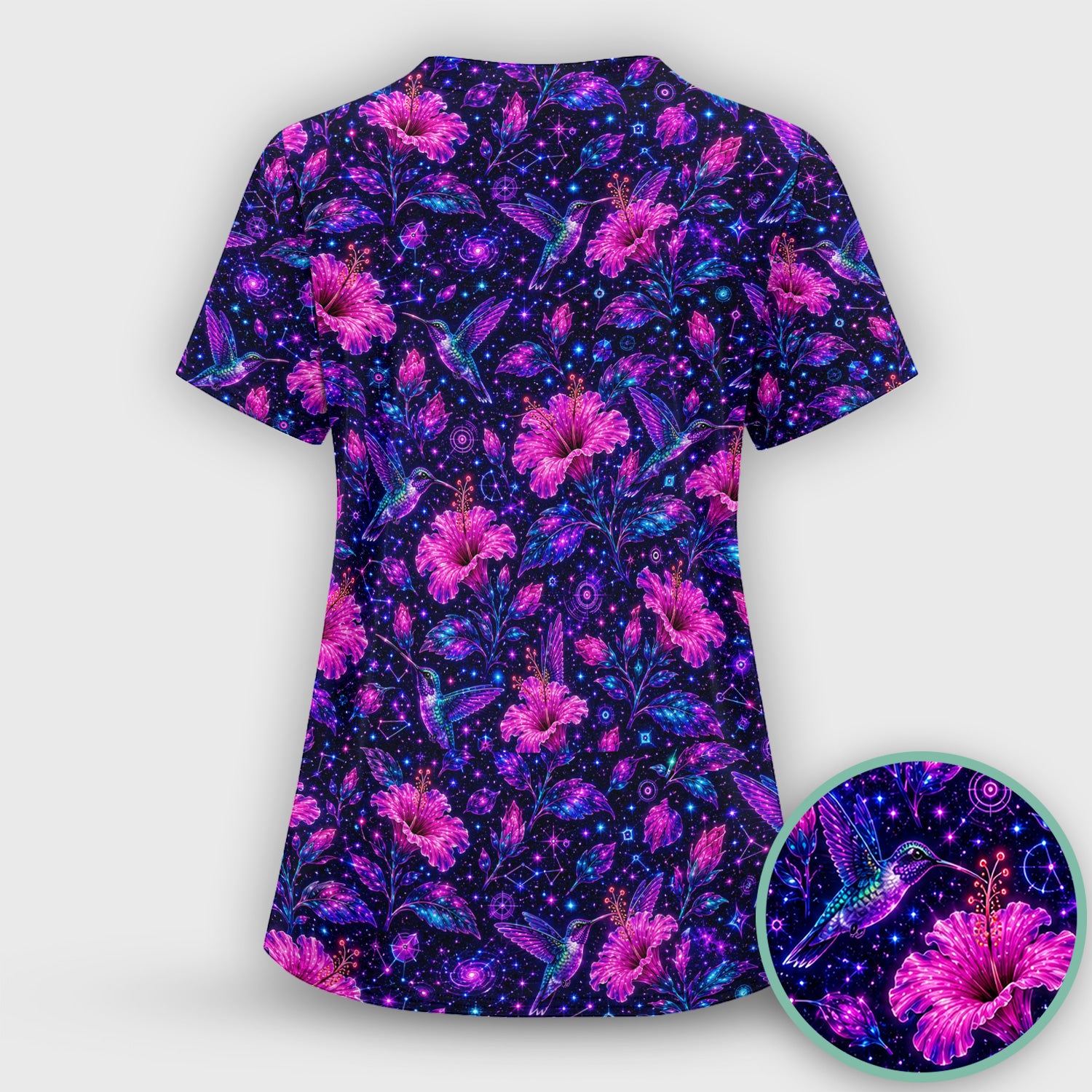 Galaxy Floral Hummingbird Nurse Pattern Scrub Top, Comfortable Scrubs for Nurses