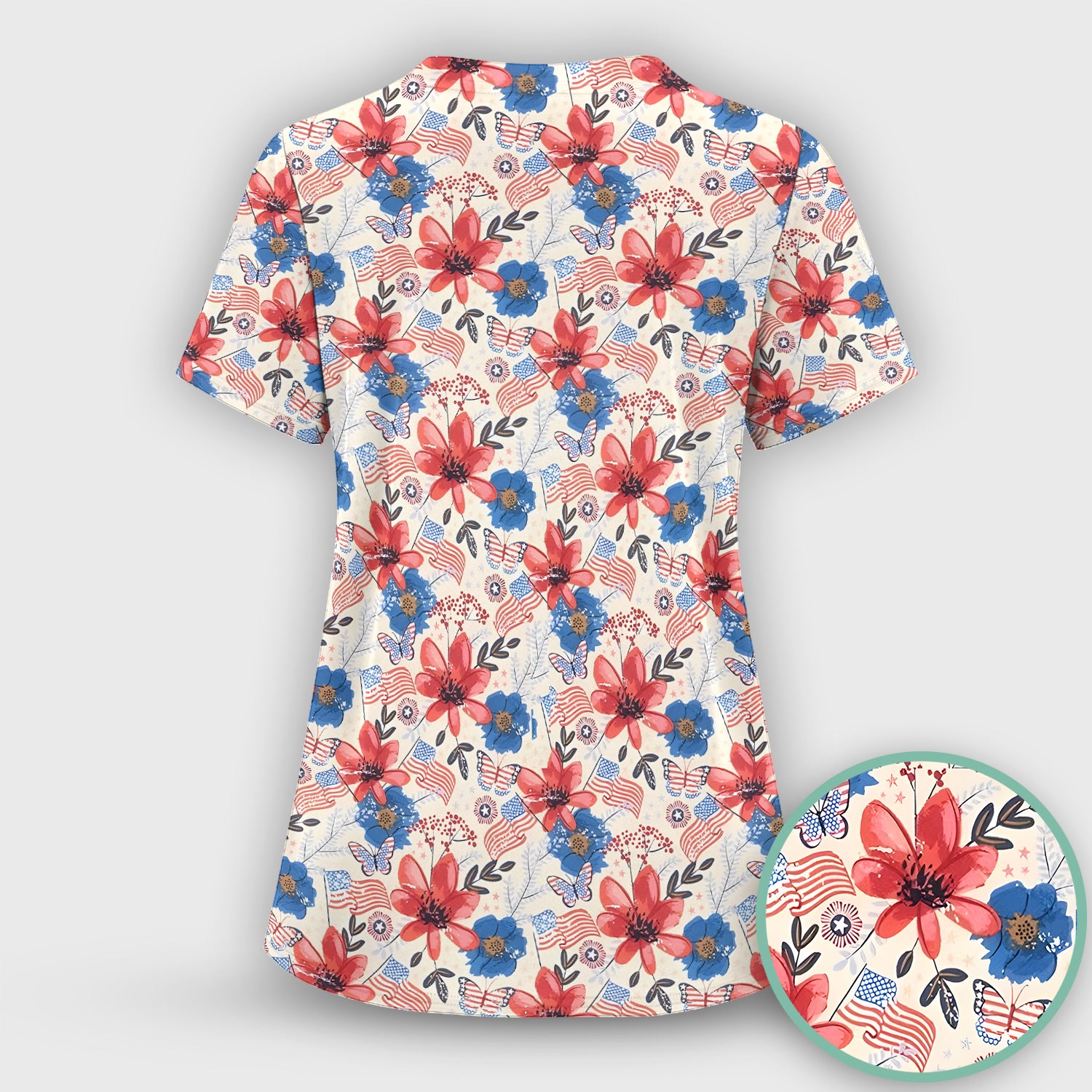 Patriotic Wildflower Flag Butterfly Pattern Scrub Set, Scrub Pants and V Neck Top