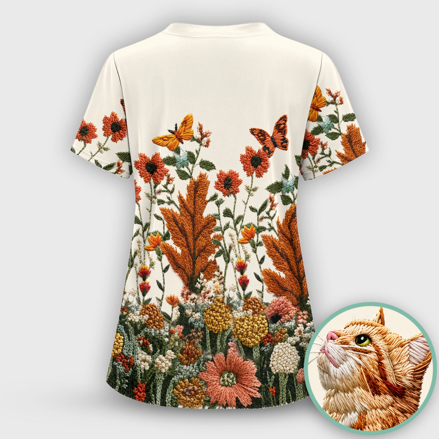 Embroidered Orange Cat Wildflower Pattern Scrub Top, Comfortable Scrubs for Nurses