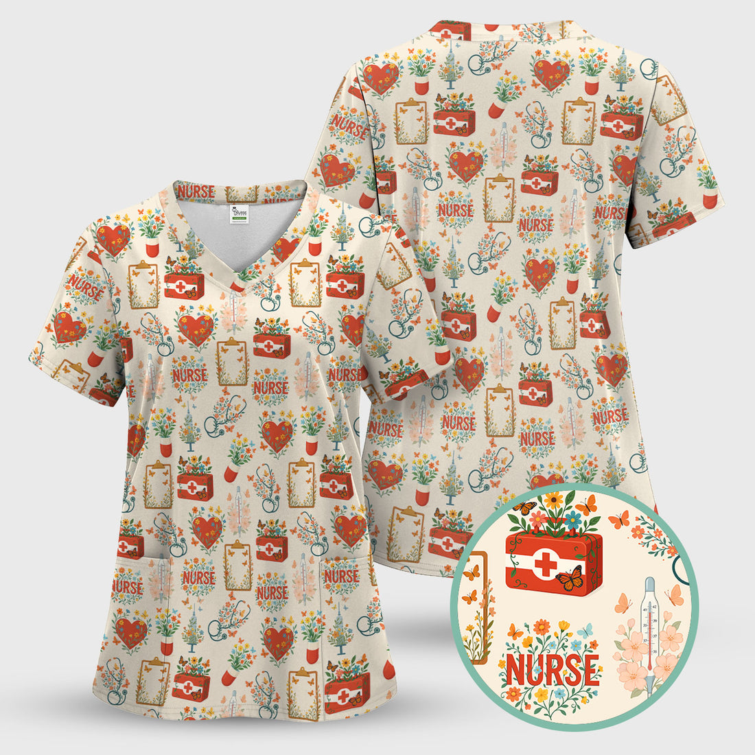 Vintage Botanical Nurse Scrub Top- Cottagecore Flowers & Stethoscope Graphic - Gift for RN LPN CNA