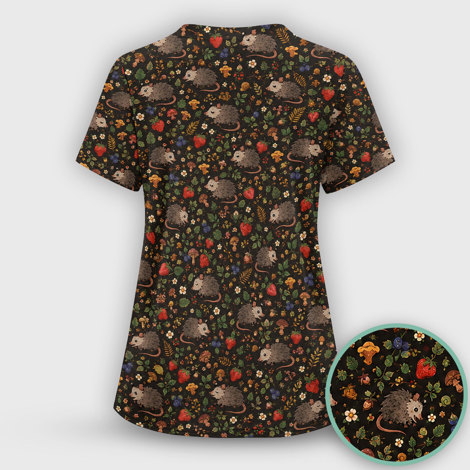 Woodland Opossum Berry Mushroom Pattern Scrub Top, Comfortable Scrubs for Nurses