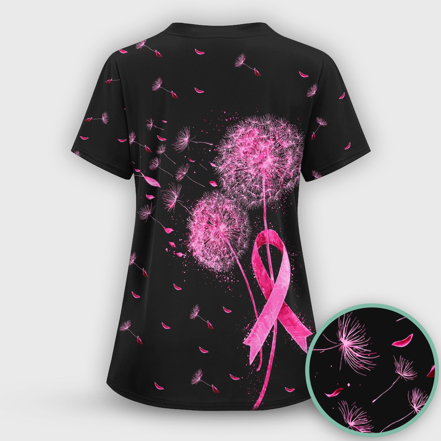 Meaningful Pink Ribbon Dandelion Scrub Top, Comfortable Scrubs for Nurses