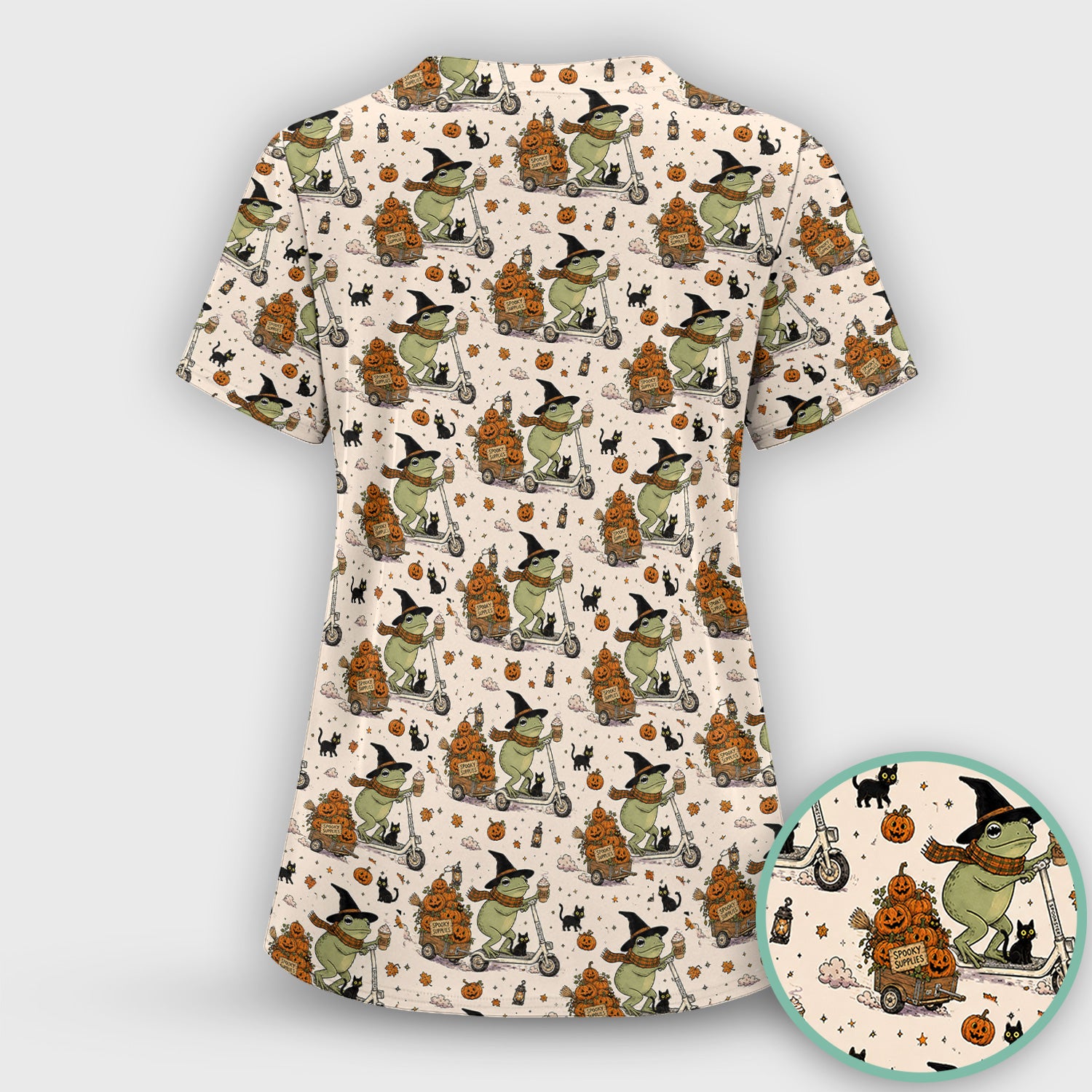 Cute Halloween Witch Frog And Pumpkins Scrub Set, Scrub Pants and V Neck Top