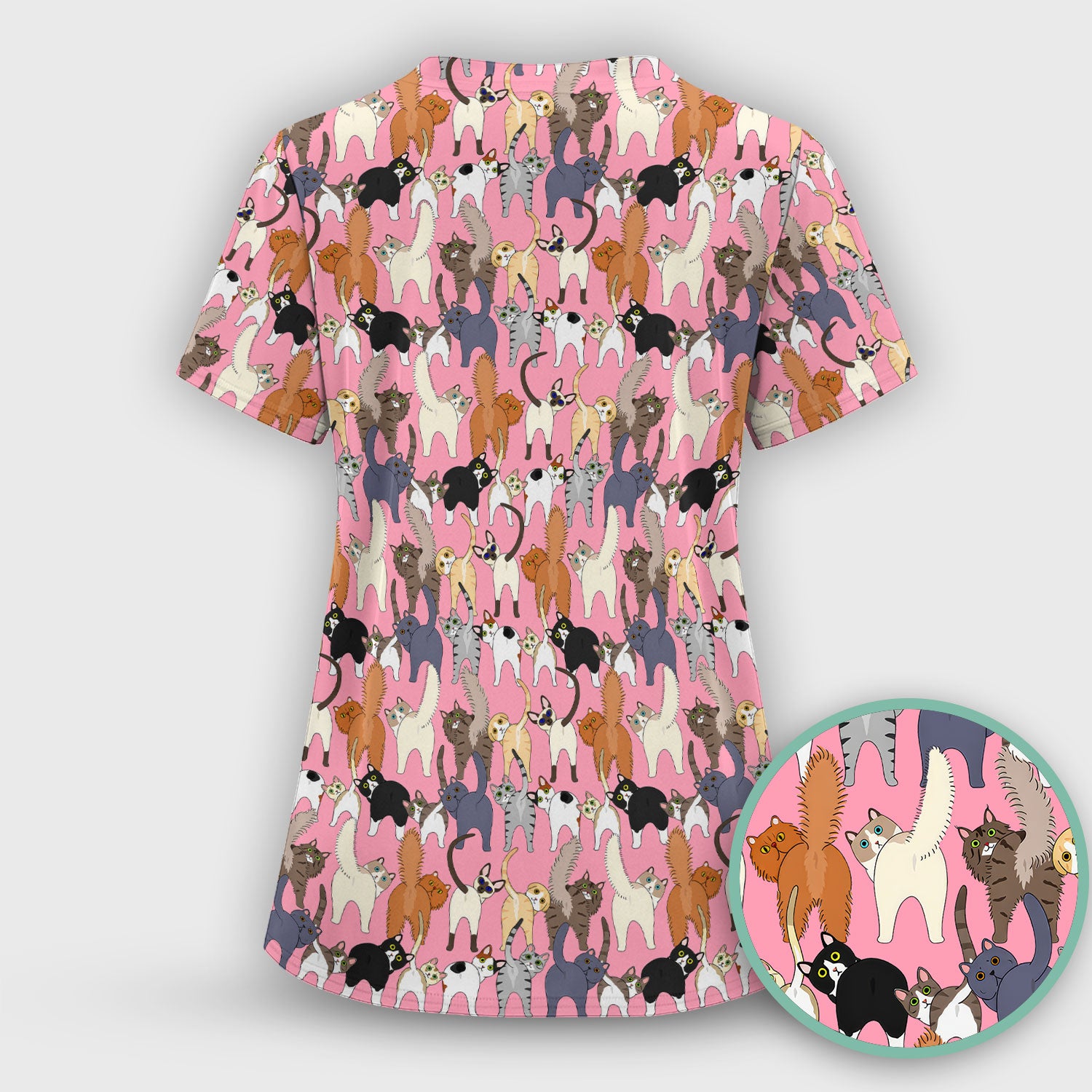 Whimsical Multicolor Cat Cartoon Pattern Scrub Top, Comfortable Scrubs for Nurses