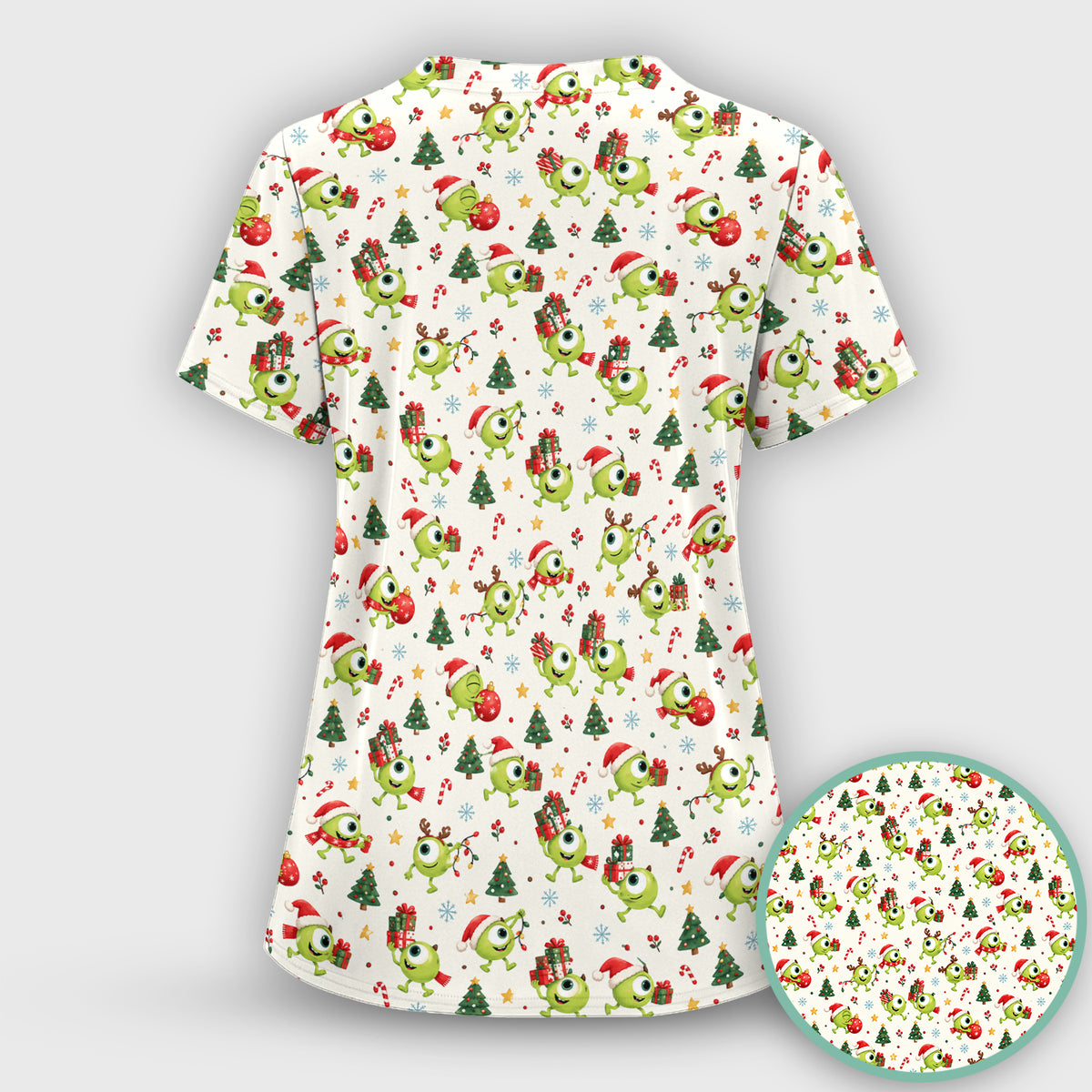 Christmas One Eyed Green Monsters Scrub Top, Comfortable Scrubs for Nurses