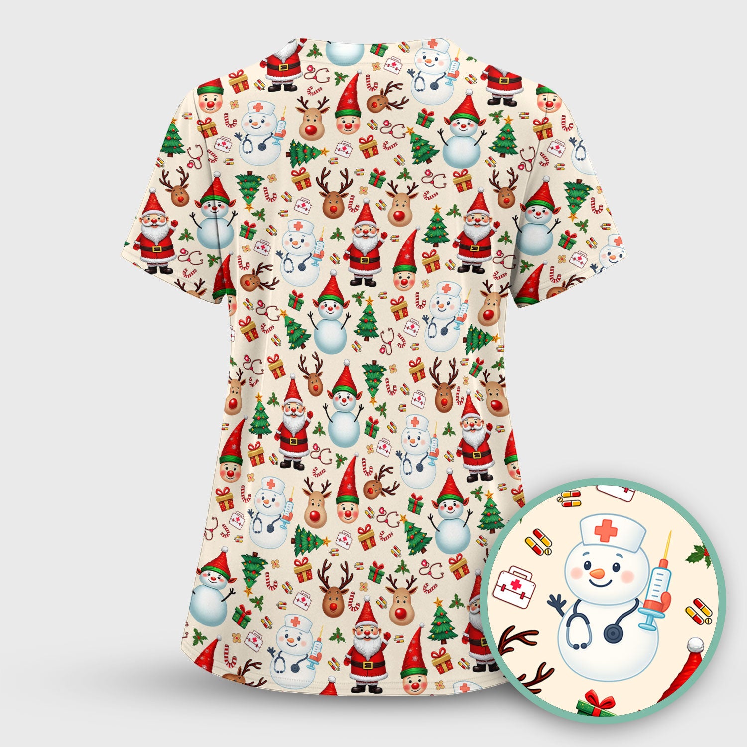 Christmas Nurse Scrub Top - Cute Snowman Santa Reindeer Pattern Medical Shirt - Festive Holiday Scrubs for Women RN CNA LPN